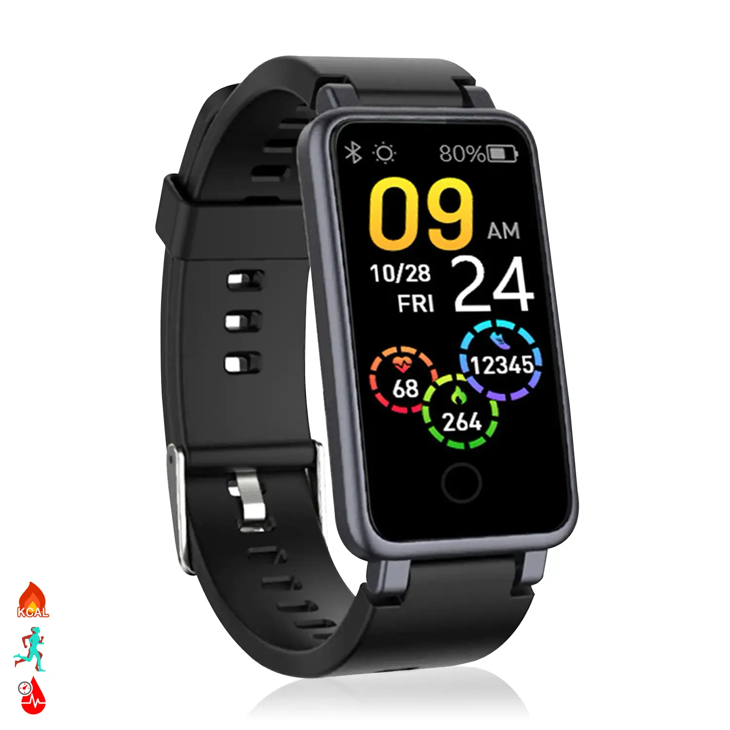 Brazalete inteligente C2 Plus con monitor cardiaco, presión sanguínea y notificaciones.