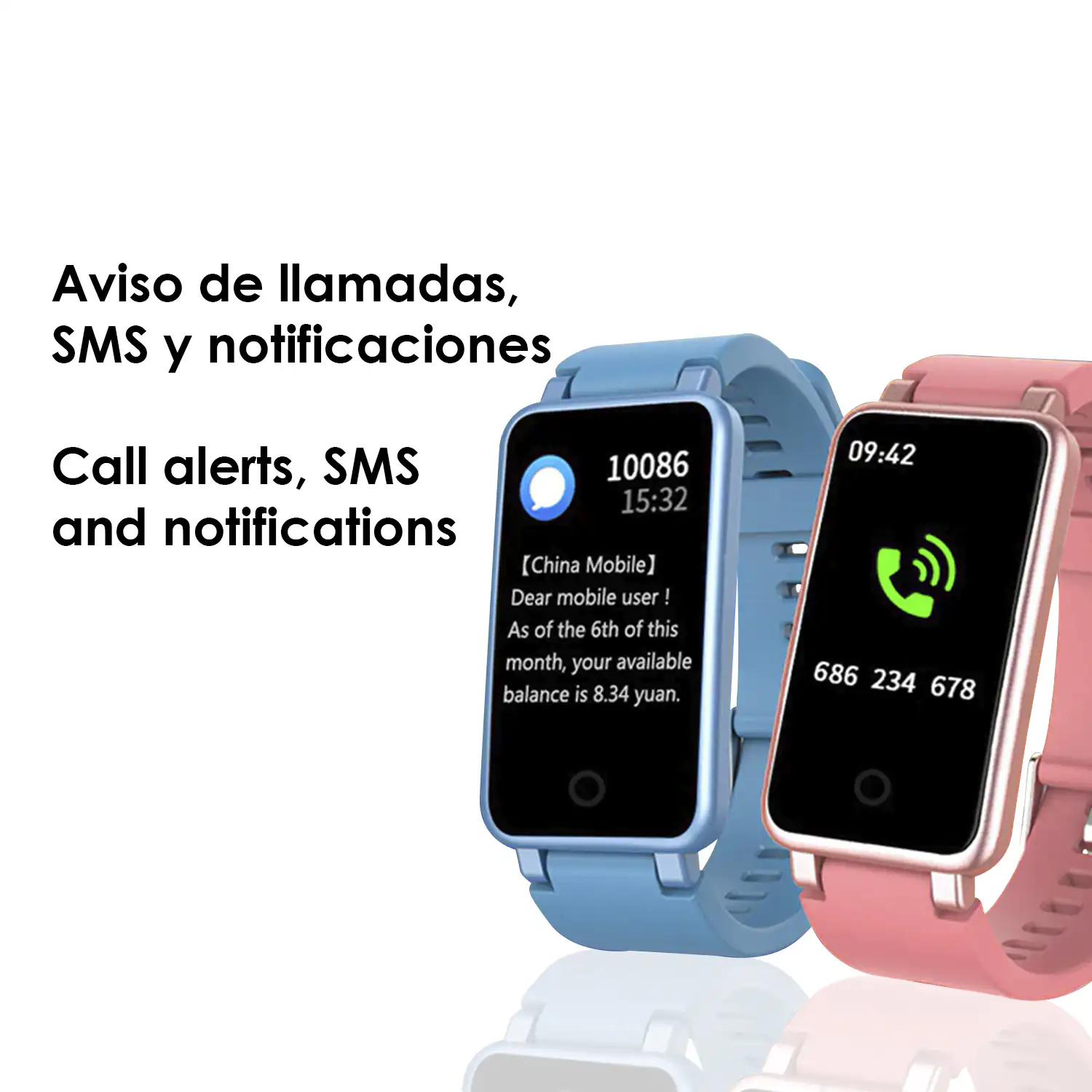 Brazalete inteligente C2 Plus con monitor cardiaco, presión sanguínea y notificaciones.