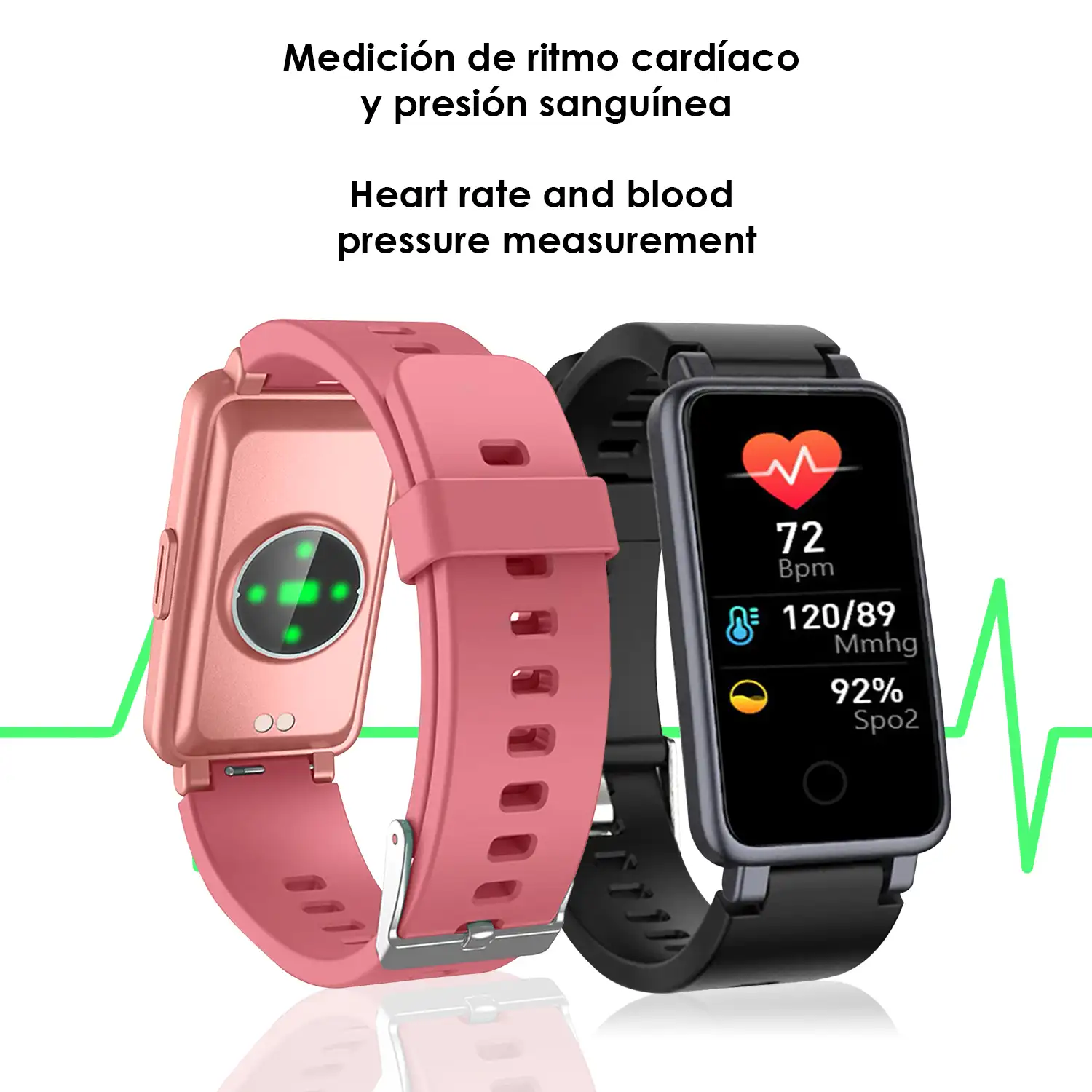 Brazalete inteligente C2 Plus con monitor cardiaco, presión sanguínea y notificaciones.
