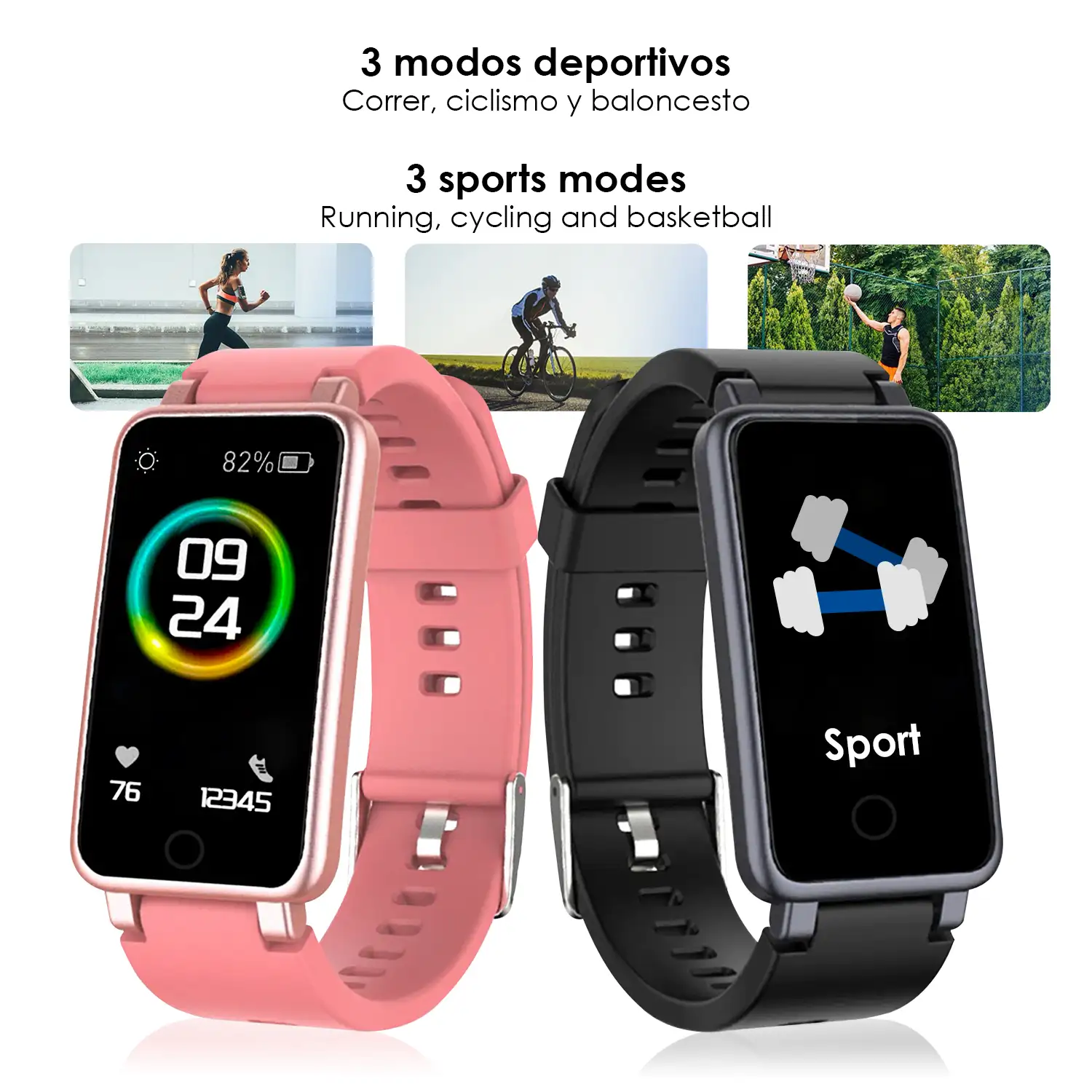 Brazalete inteligente C2 Plus con monitor cardiaco, presión sanguínea y notificaciones.