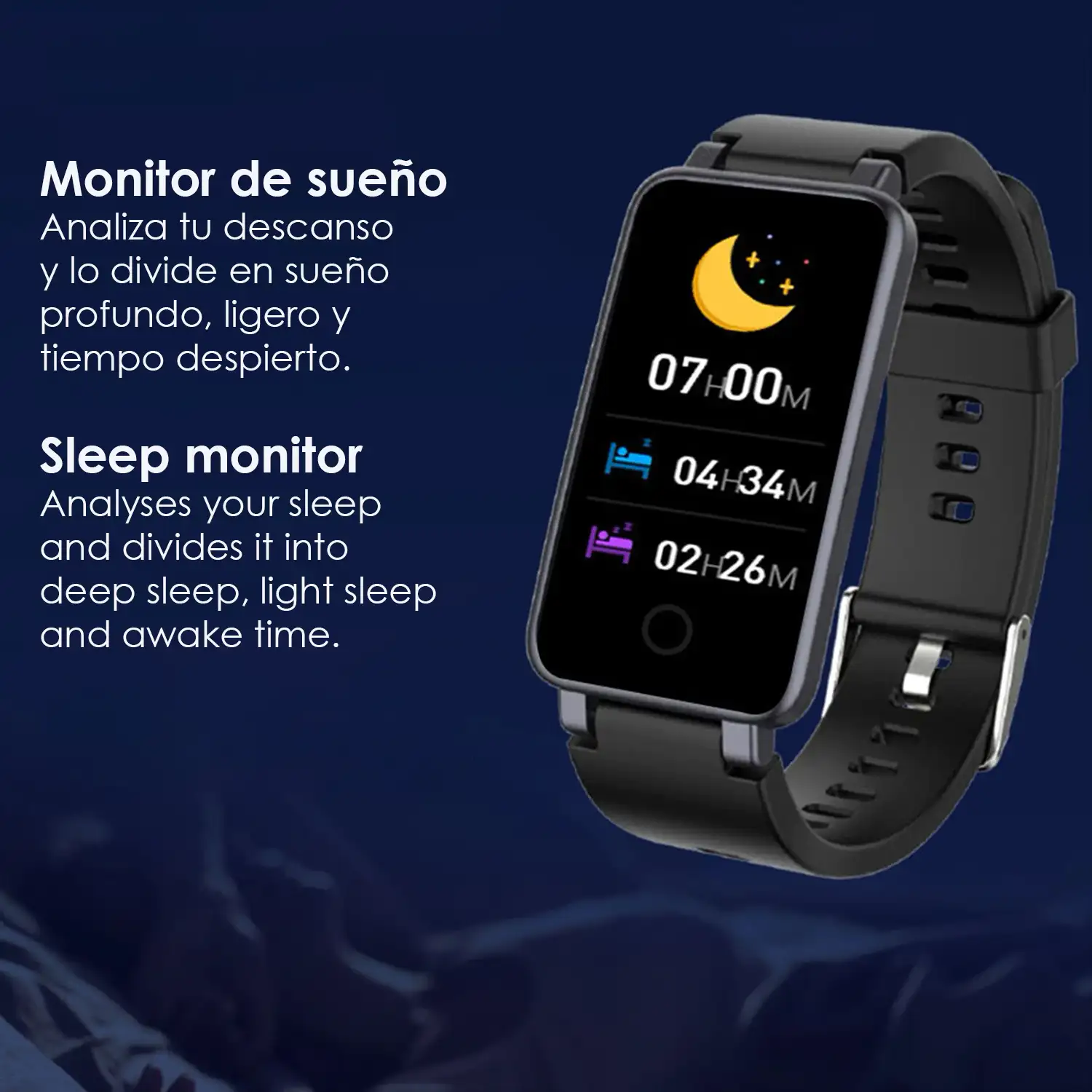 Brazalete inteligente C2 Plus con monitor cardiaco, presión sanguínea y notificaciones.