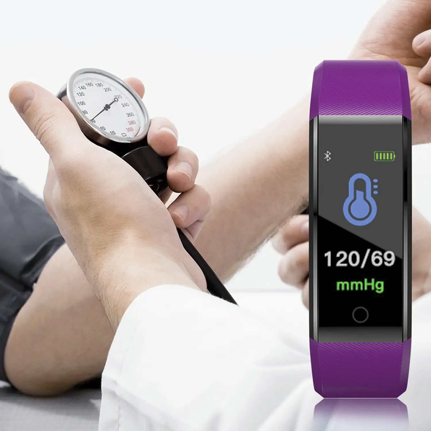 Brazalete inteligente ID115 Plus con termómetro, monitor cardíaco, tensión y oxígeno en sangre.