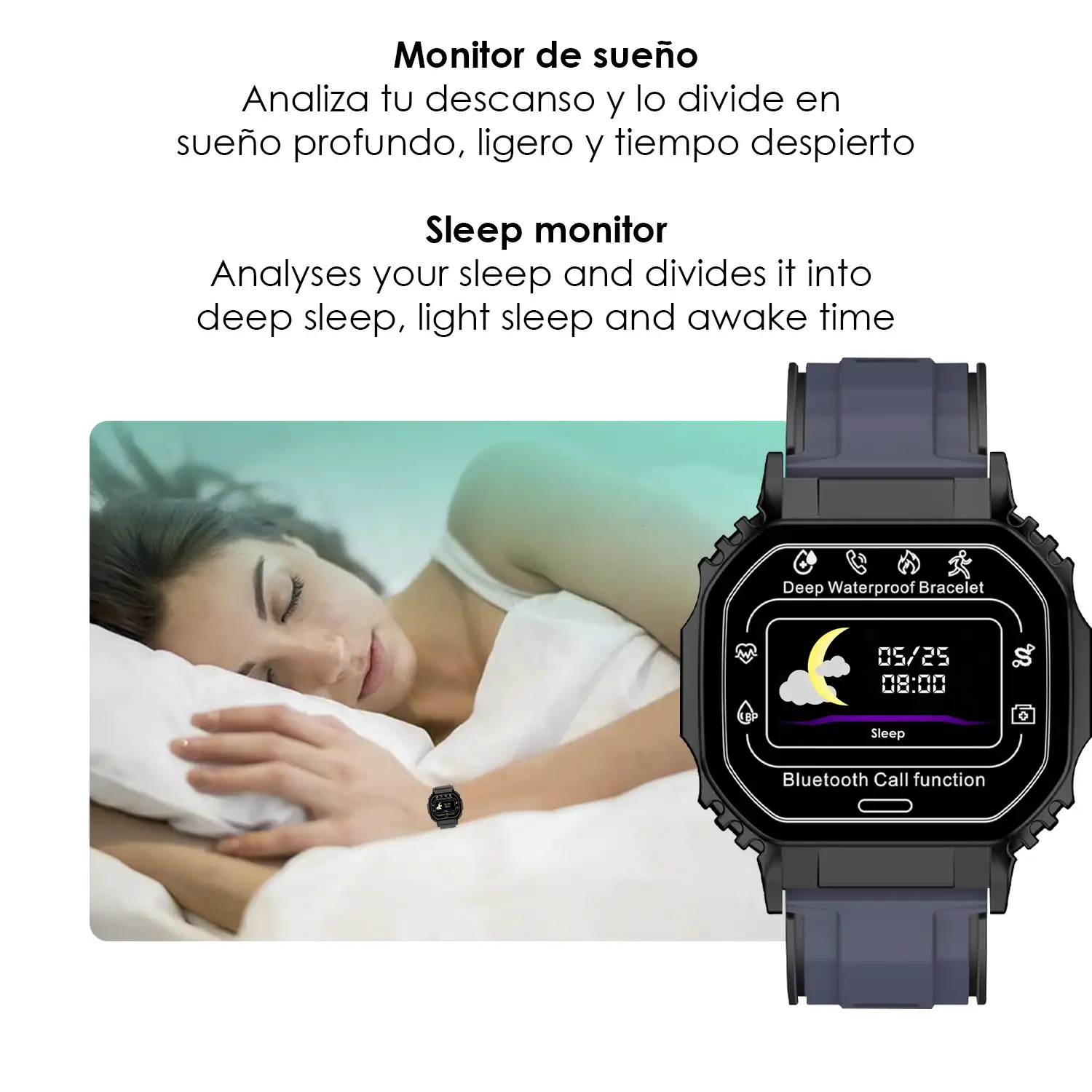 Smartwatch B2 sumergible con monitor cardíaco, O2 en sangre y tensión.