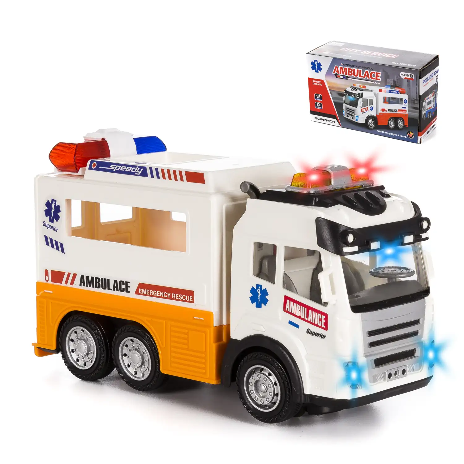 Camión ambulancia con luces 3D y efectos de sonido. Modo automático de funcionamiento 360°.