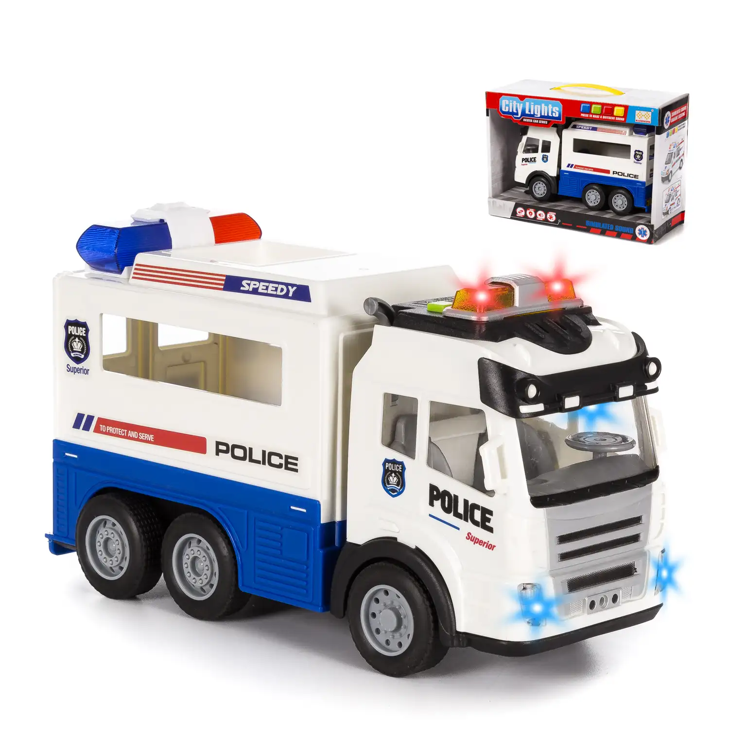 Camión de policía con luces y 3 efectos de sonido. Funcionamiento por inercia.