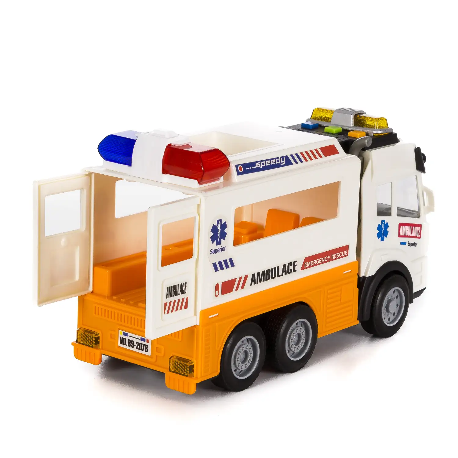 Camión ambulancia con luces y 3 efectos de sonido. Funcionamiento por inercia.