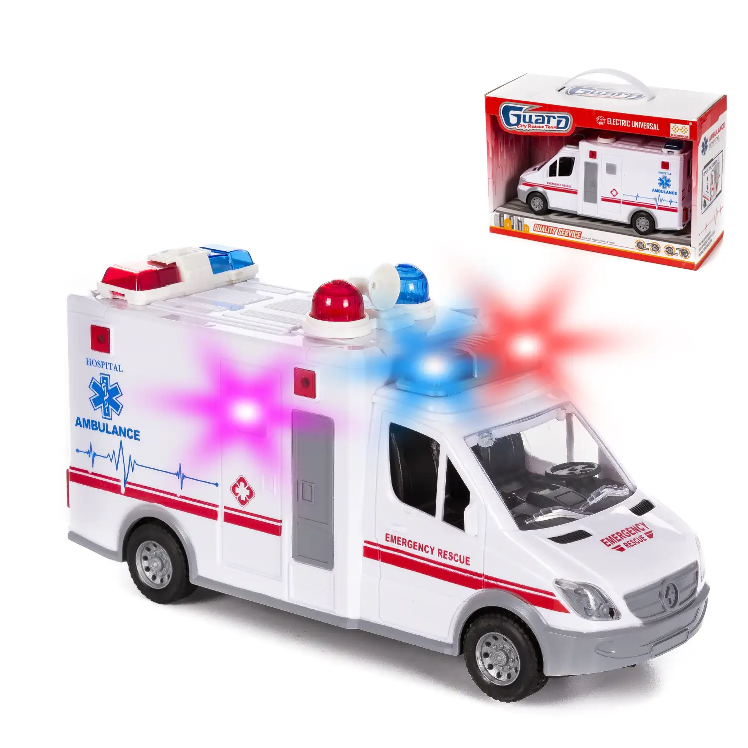 Furgoneta ambulancia con luces 3D y sonido. Modo automático de funcionamiento 360°.