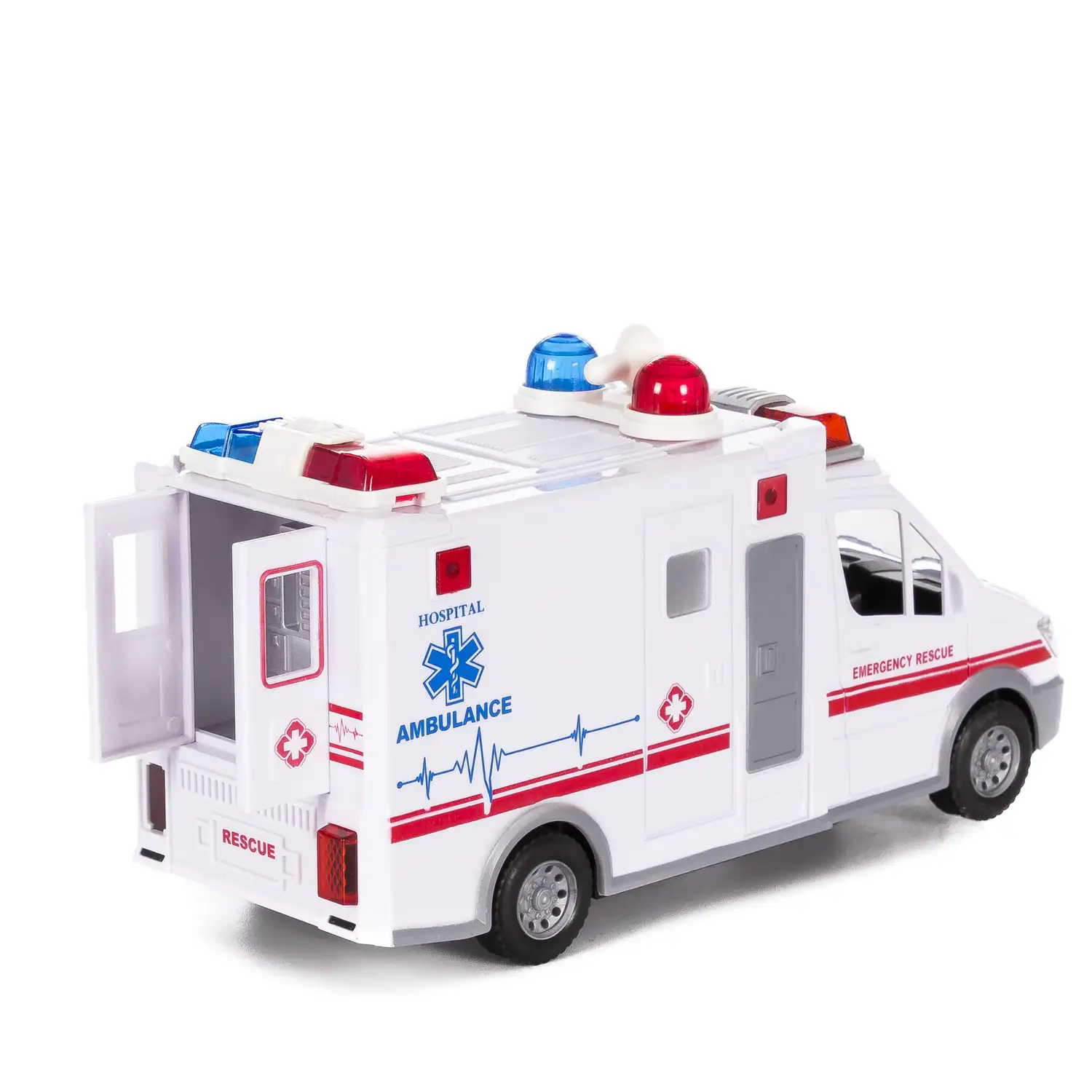 Furgoneta ambulancia con luces 3D y sonido. Modo automático de funcionamiento 360°.