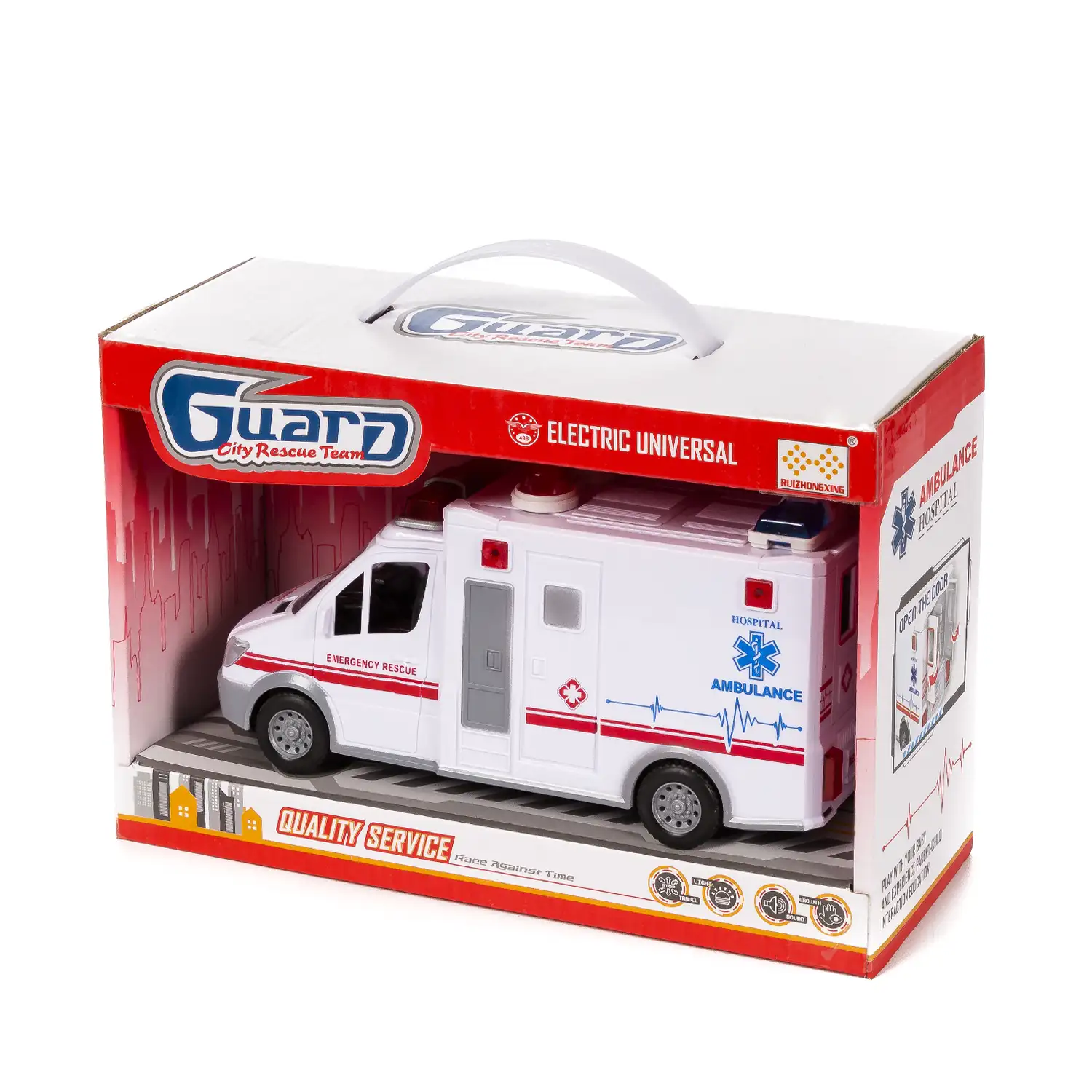 Furgoneta ambulancia con luces 3D y sonido. Modo automático de funcionamiento 360°.