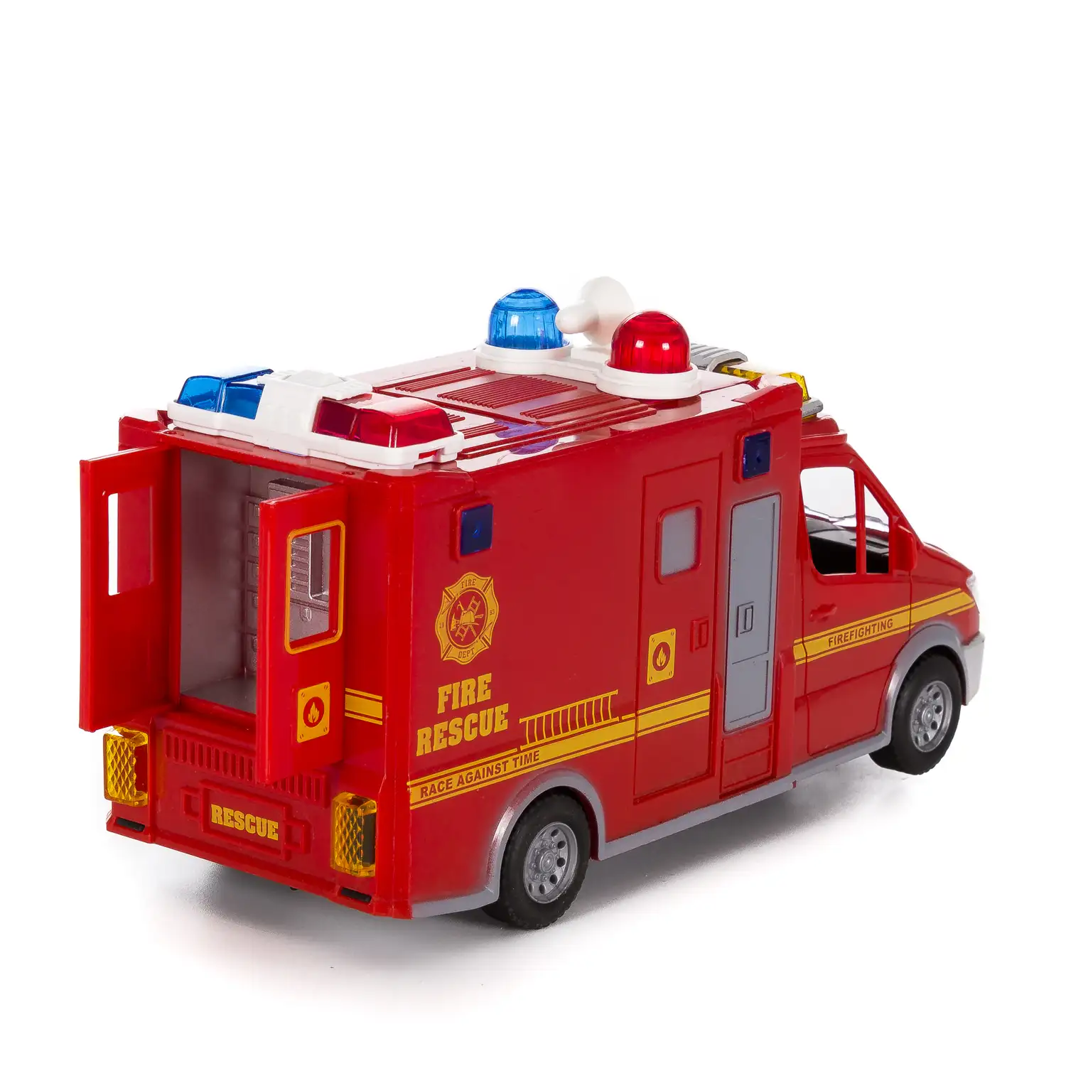 Furgoneta de bomberos con luces 3D y sonido. Modo automático de funcionamiento 360°.