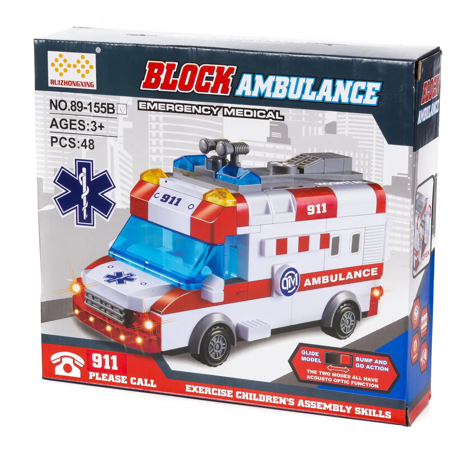 Ambulancia con luces y efectos de sonido. Para construir, 48 piezas. Modo automático de funcionamiento 360°.
