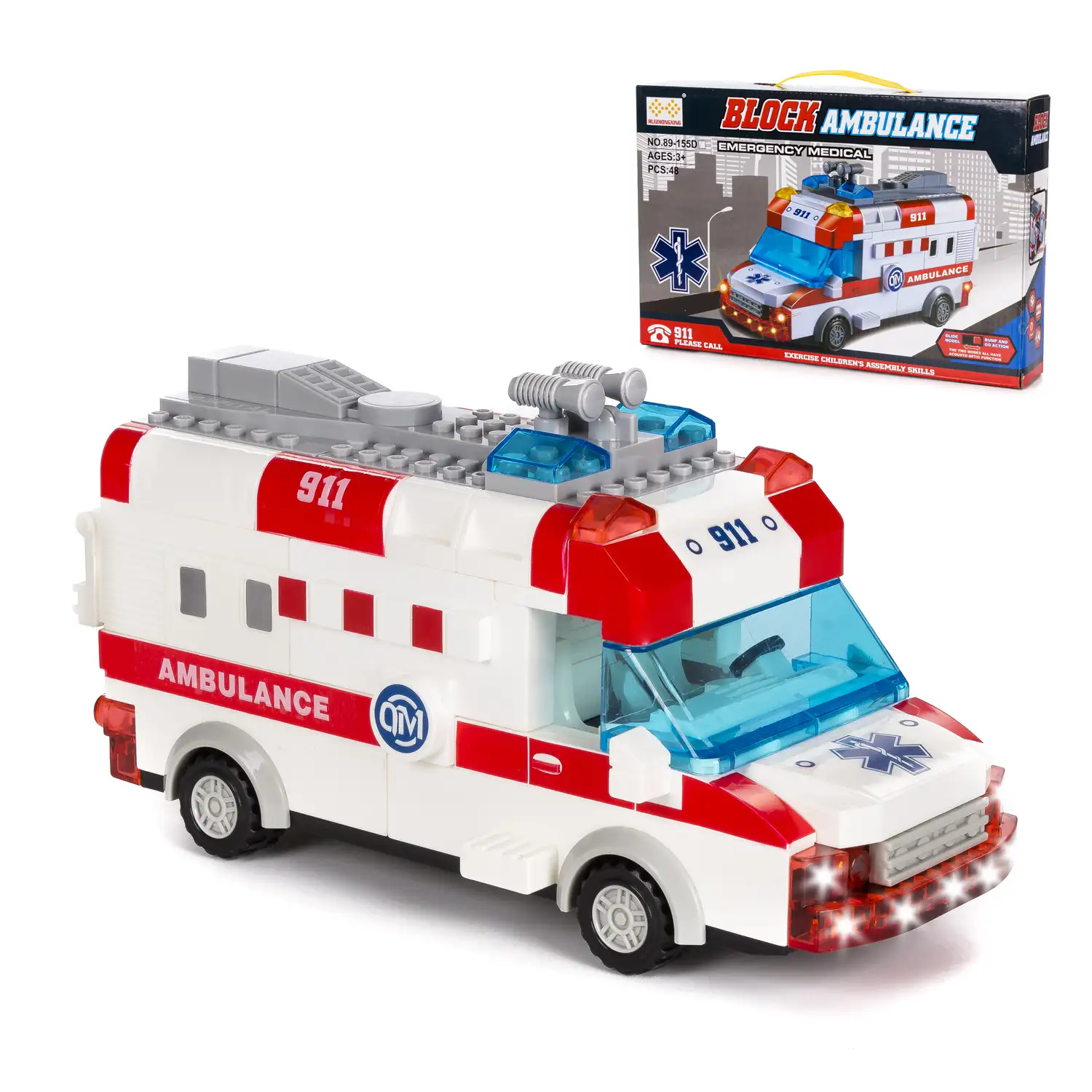 Ambulancia con luces y efectos de sonido. Para construir, 48 piezas. Modo automático de funcionamiento 360°.