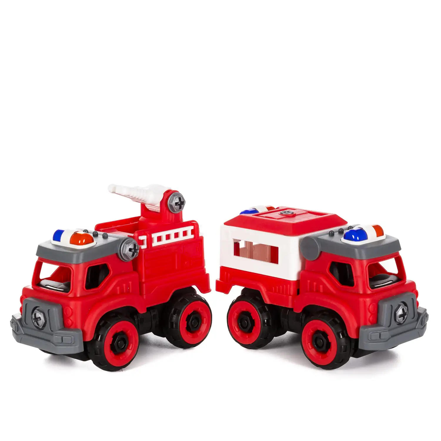 Camiones de bomberos para construir, 128 piezas. Monta 4 modelos a la vez. Incluye herramientas especiales para su montaje, diseñadas para niños.