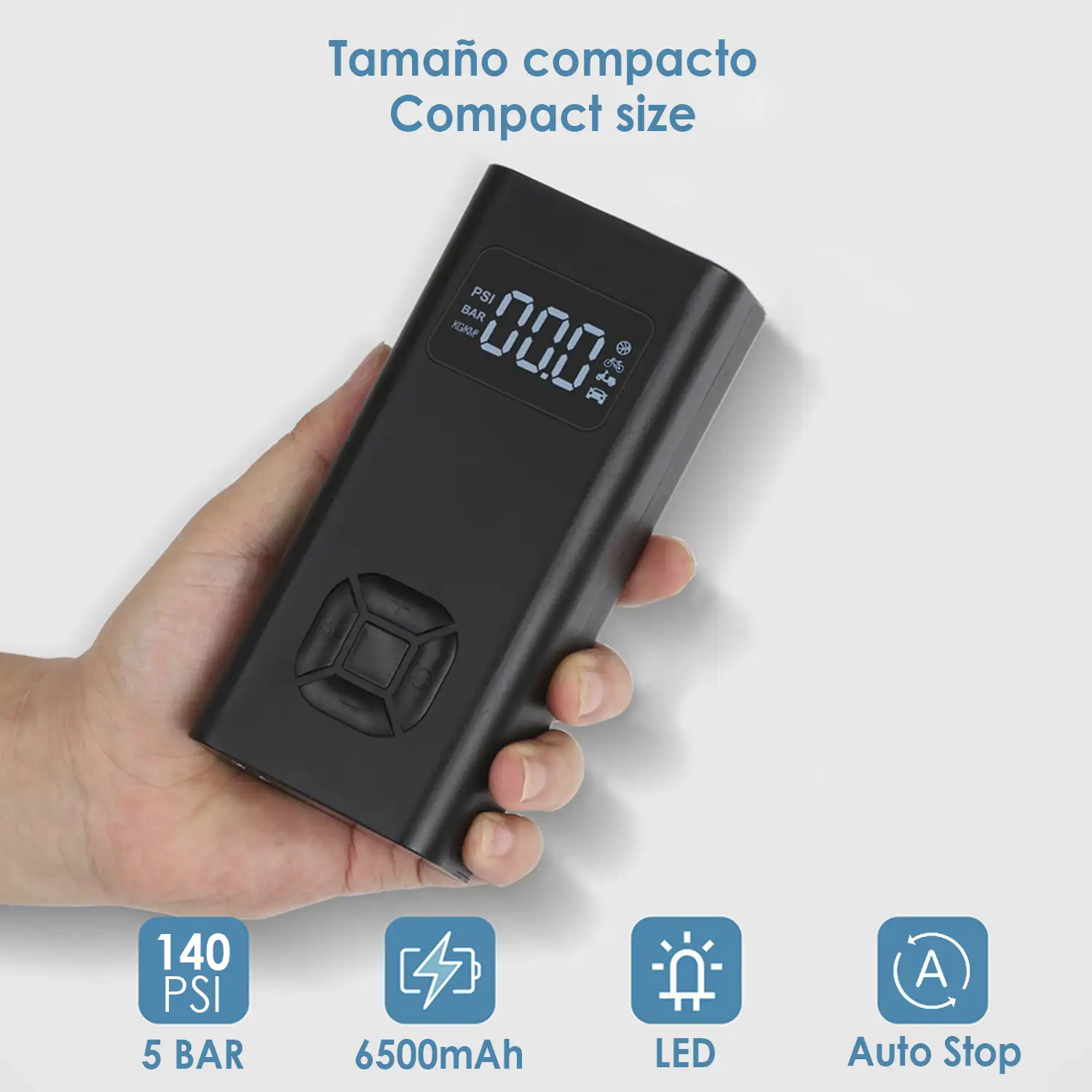 Compresor de aire portátil. Modo automático y manual. Hasta 140 PSI / 5 BAR. Batería 6500mAh.