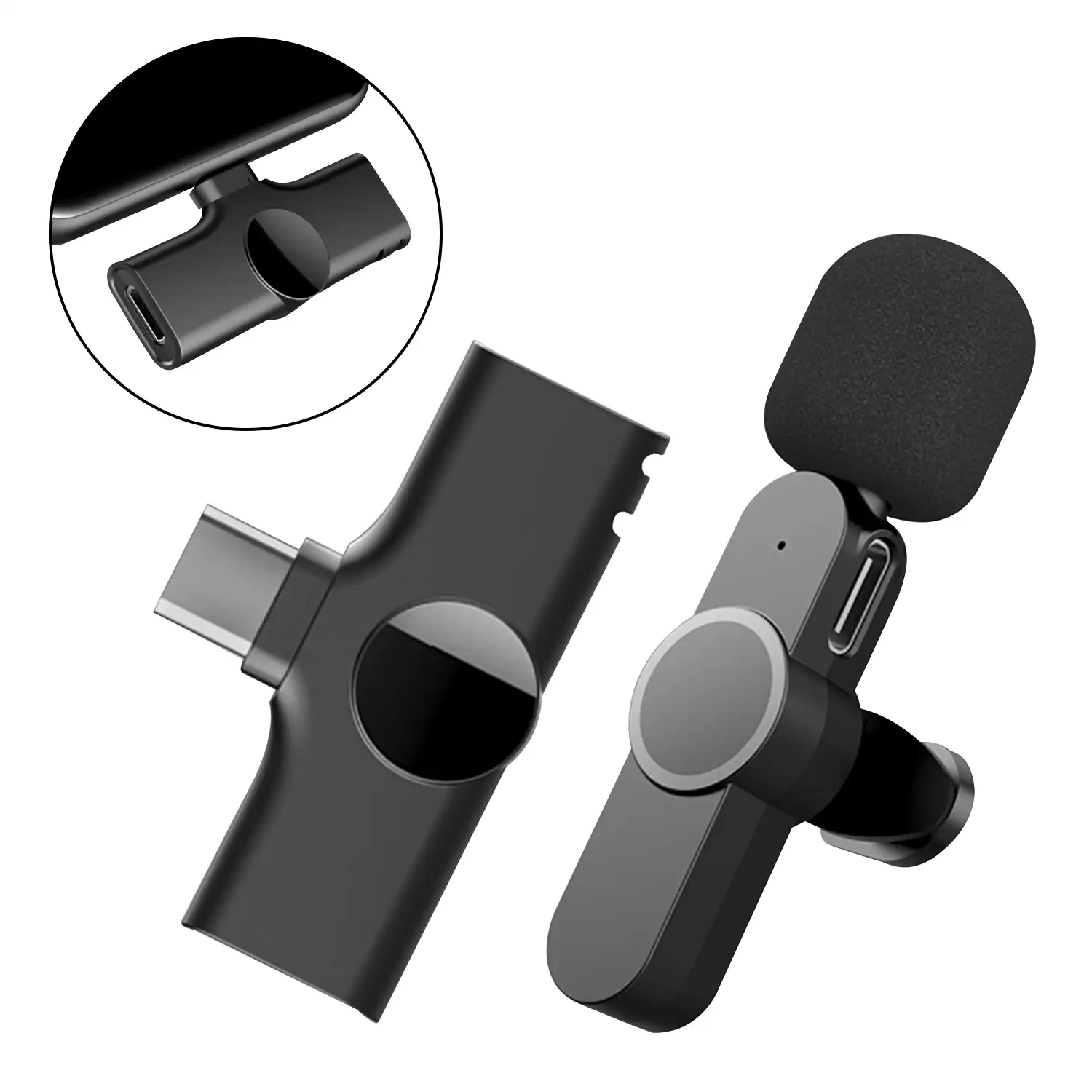 Micrófono de corbata inalámbrico para smartphone y tablet. Receptor con conexión Tipo C.