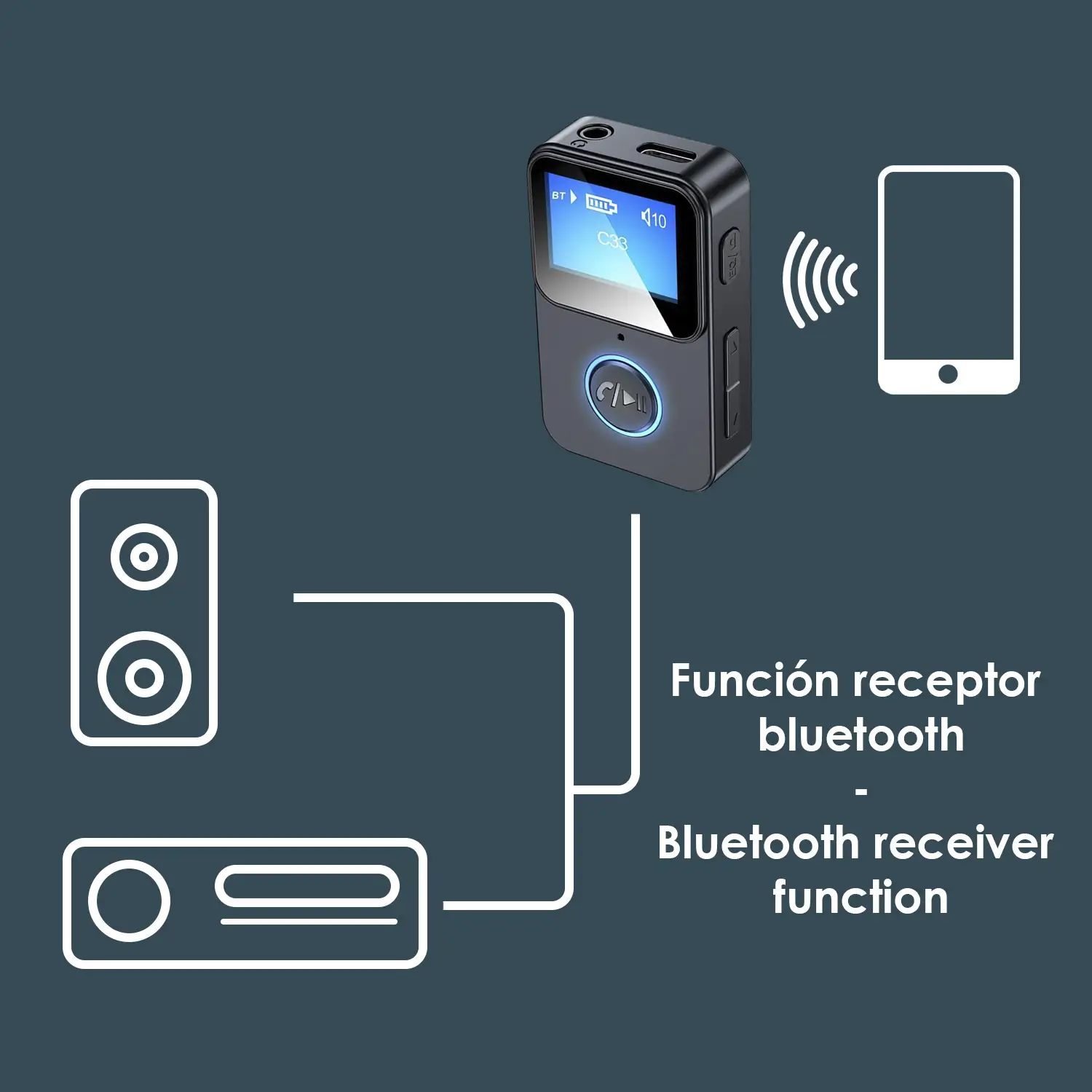 Receptor Bluetooth C33. Función manos libres, reproductor de audio por Micro SD y disparador de cámara remoto.