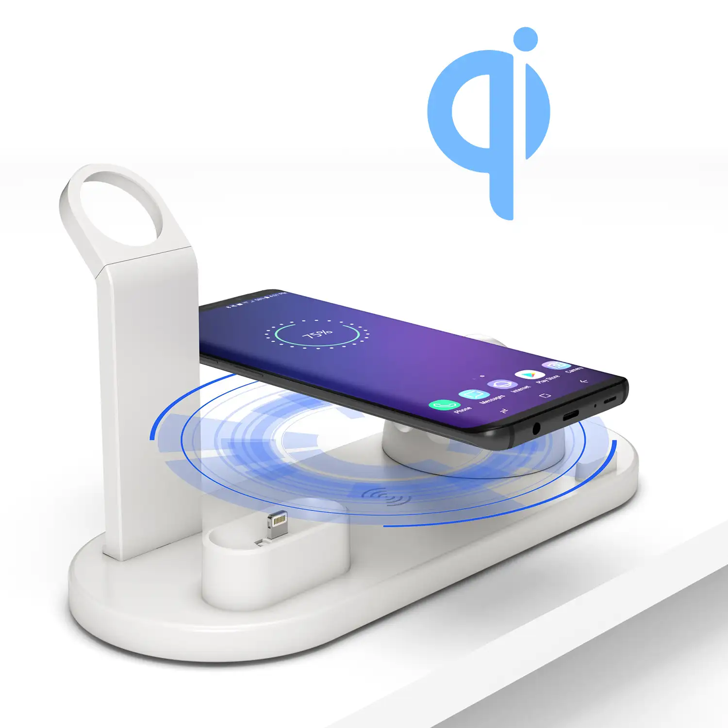 Base de carga 4 en 1 con carga inalámbrica QI, soporte giratorio con conexión lightning, micro USB y USB-C. Stand para Apple Watch y soporte con carga para Airpods. Cable extraíble.