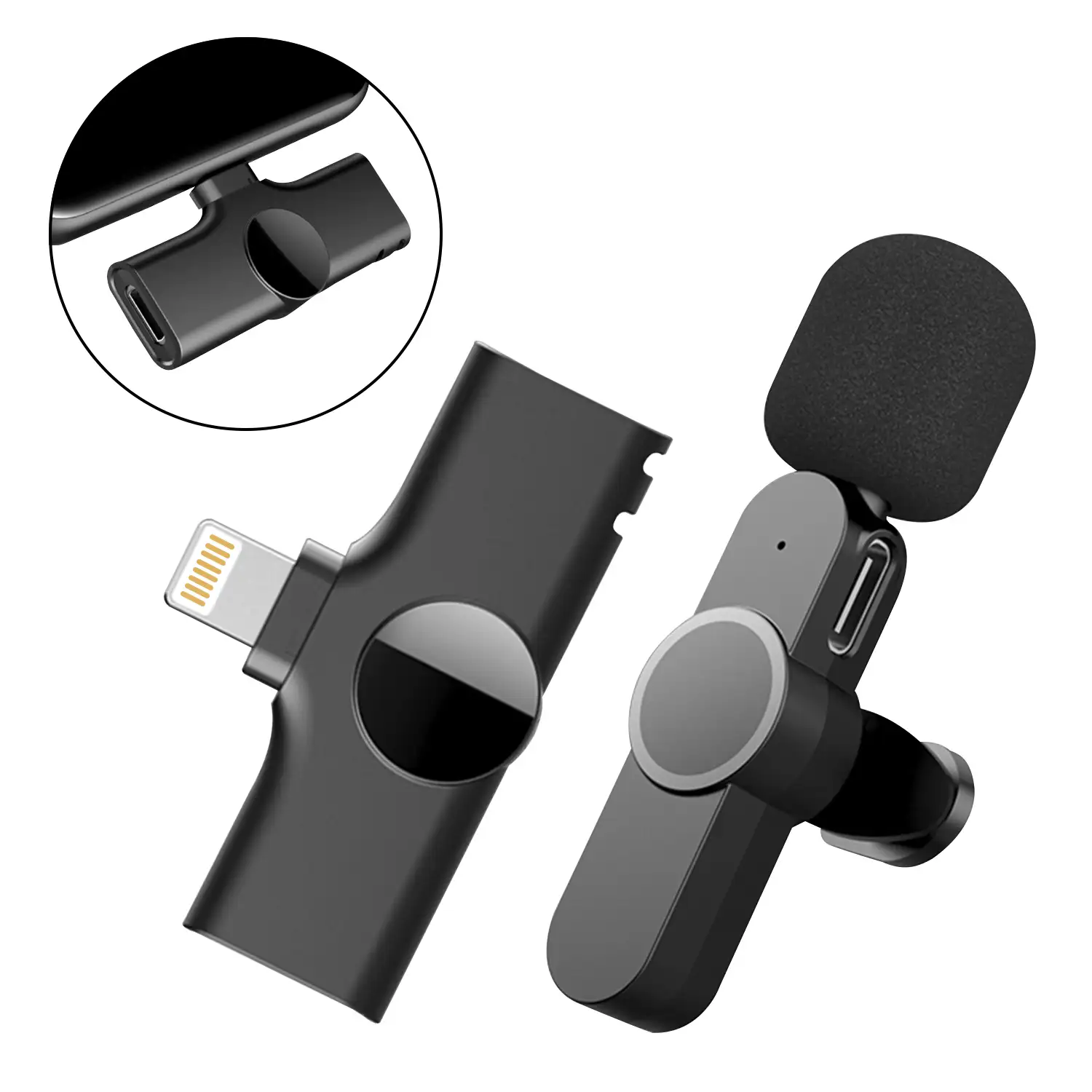 Micrófono de corbata inalámbrico para smartphone y tablet iOS. Receptor con conexión Lightning 8 pins.