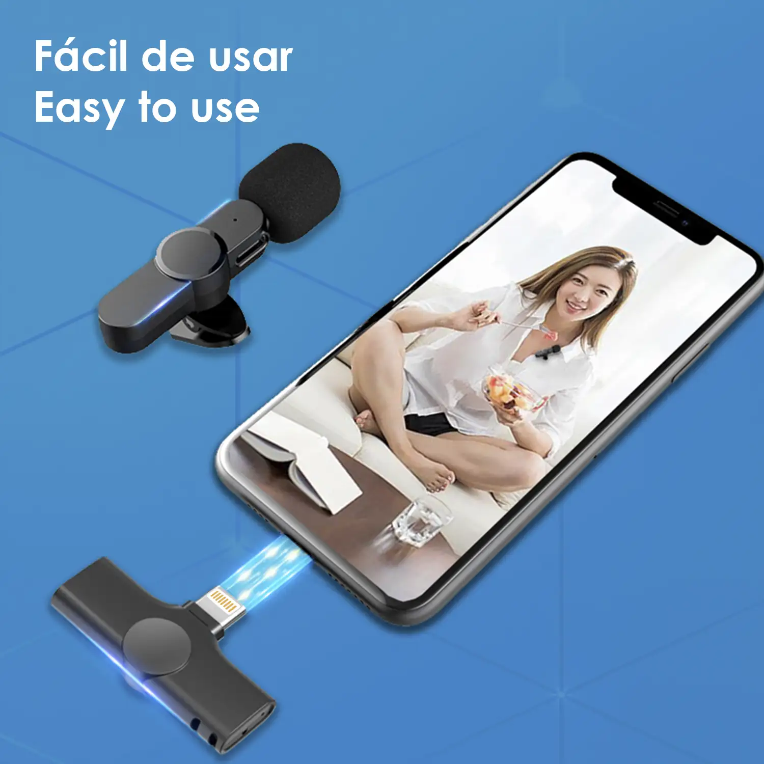 Micrófono de corbata inalámbrico para smartphone y tablet iOS. Receptor con conexión Lightning 8 pins.