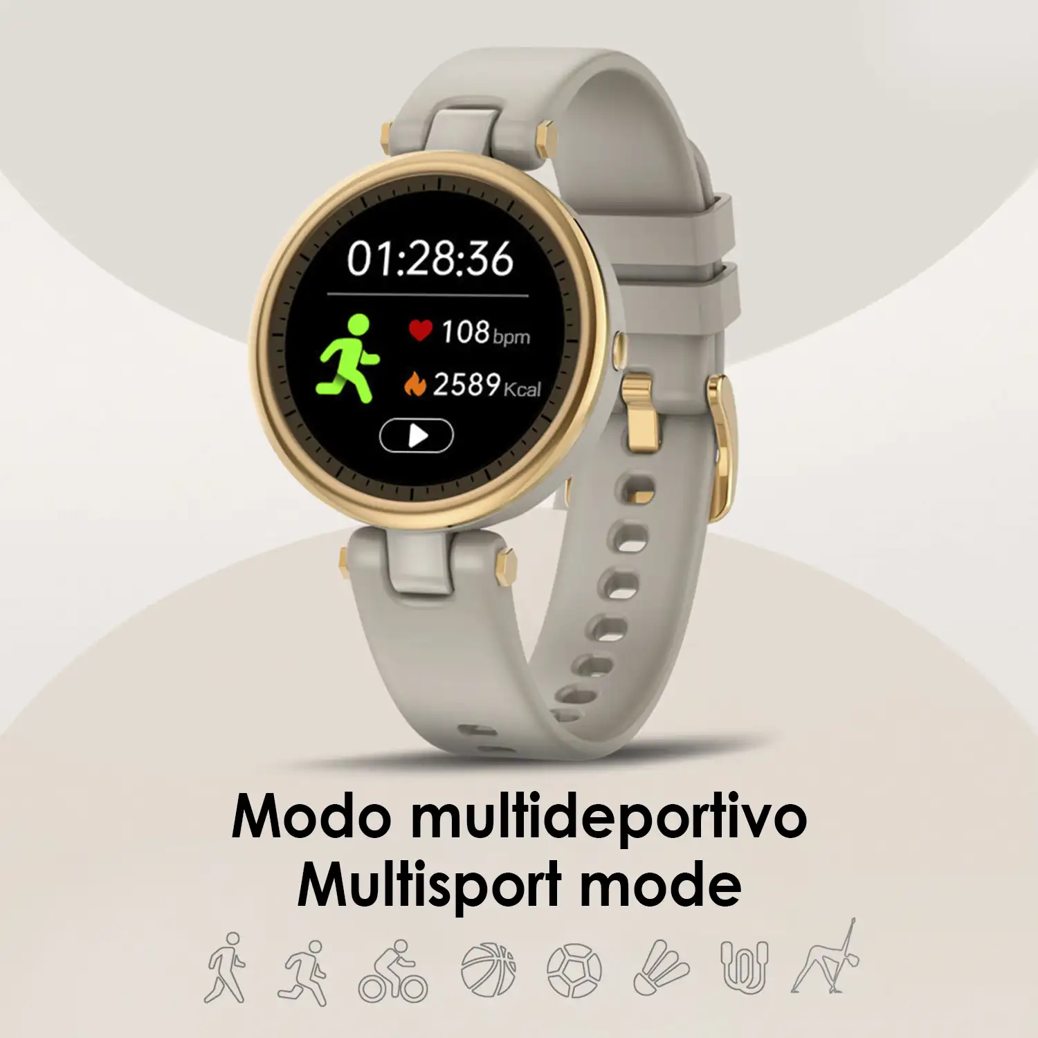 Smartwatch deportivo especial femenino QR01. 8 modos deportivos, monitor cardiaco y de tensión.