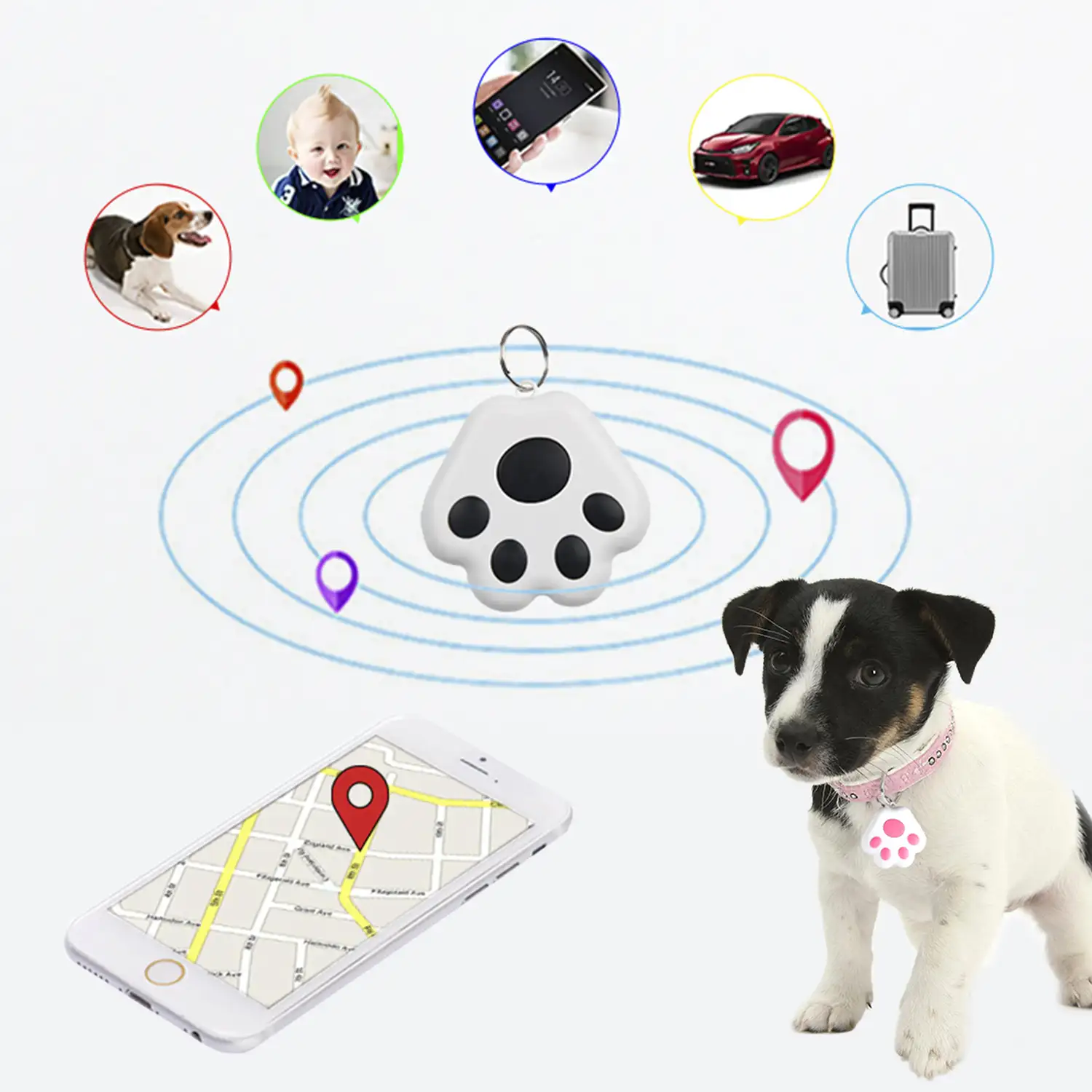 Llavero localizador redondo Bluetooth 4.0 multifunción, con indicador GPS  de última localización. Para mascotas, llaves, maletas