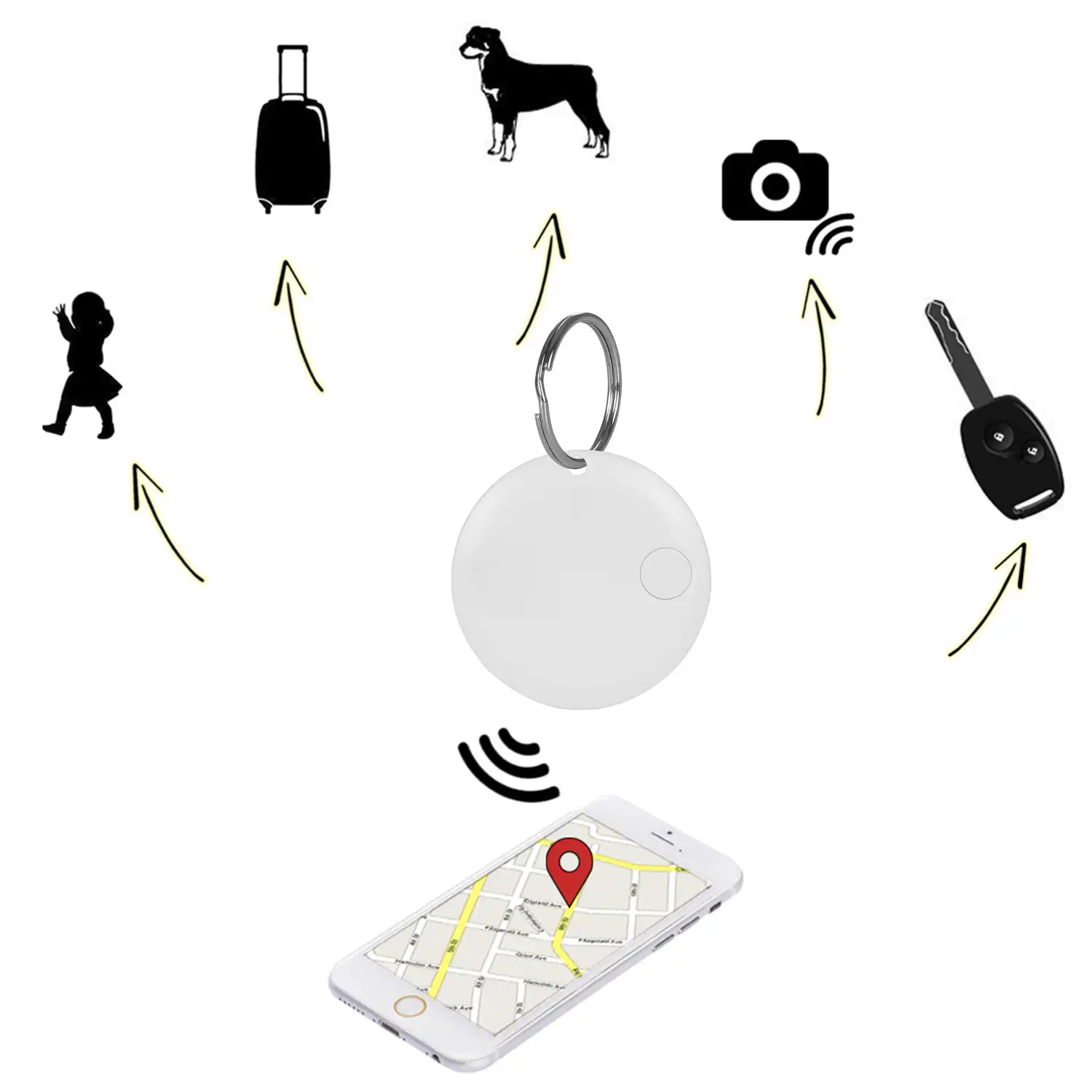 Llavero localizador redondo Bluetooth 4.0 multifunción, con indicador GPS de última localización. Para mascotas, llaves, maletas, etc.