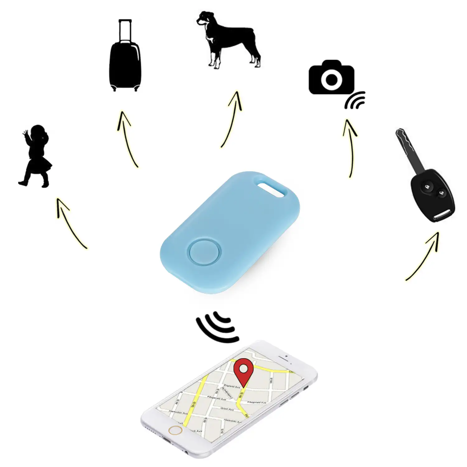 Llavero localizador rectangular Bluetooth 4.0 multifunción, con indicador GPS de última localización. Para mascotas, llaves, maletas, etc.