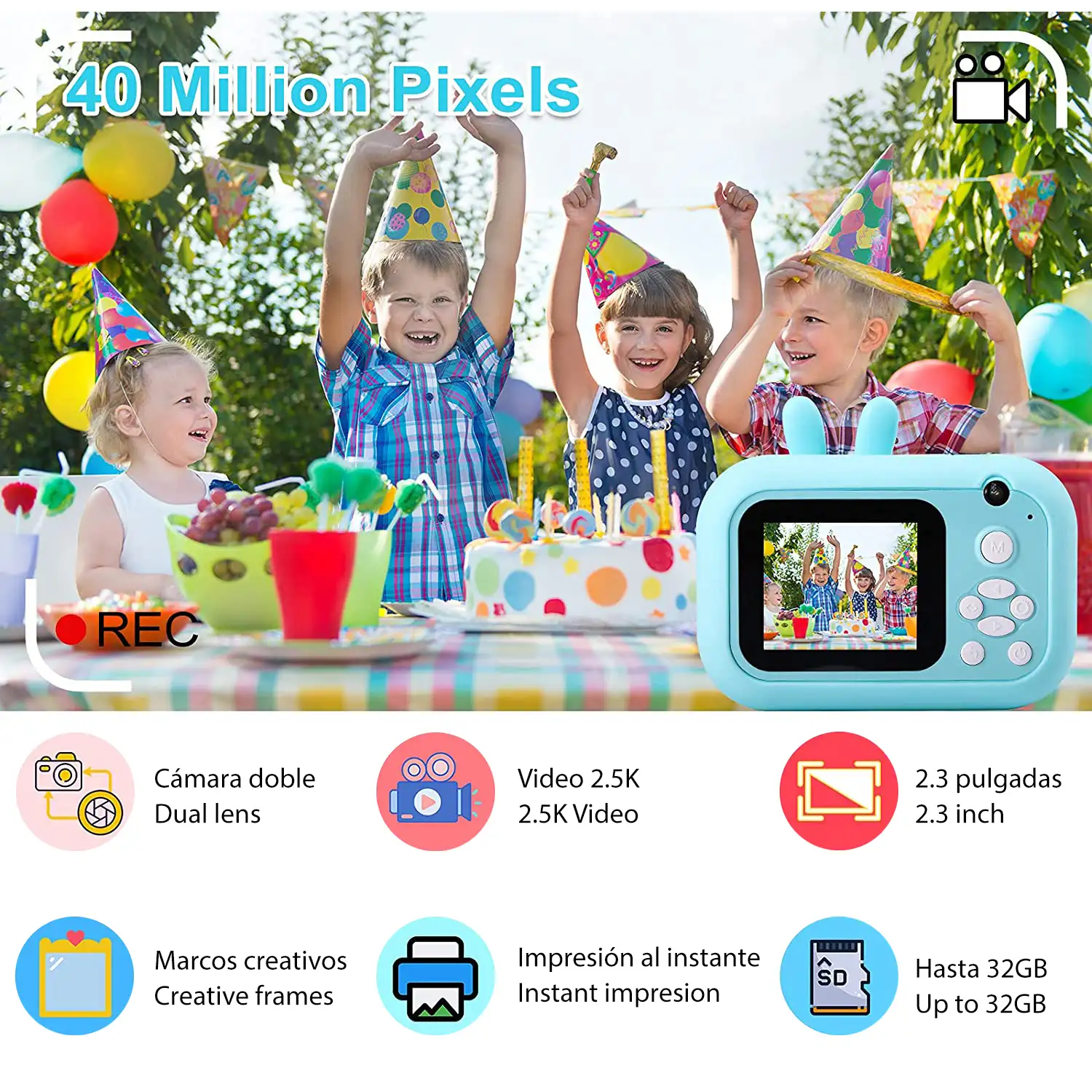 Cámara Conejito digital de fotos 40mpx y video 2,5K para niños. Impresión instantánea de tus fotos preferidas. Doble cámara, para selfies.