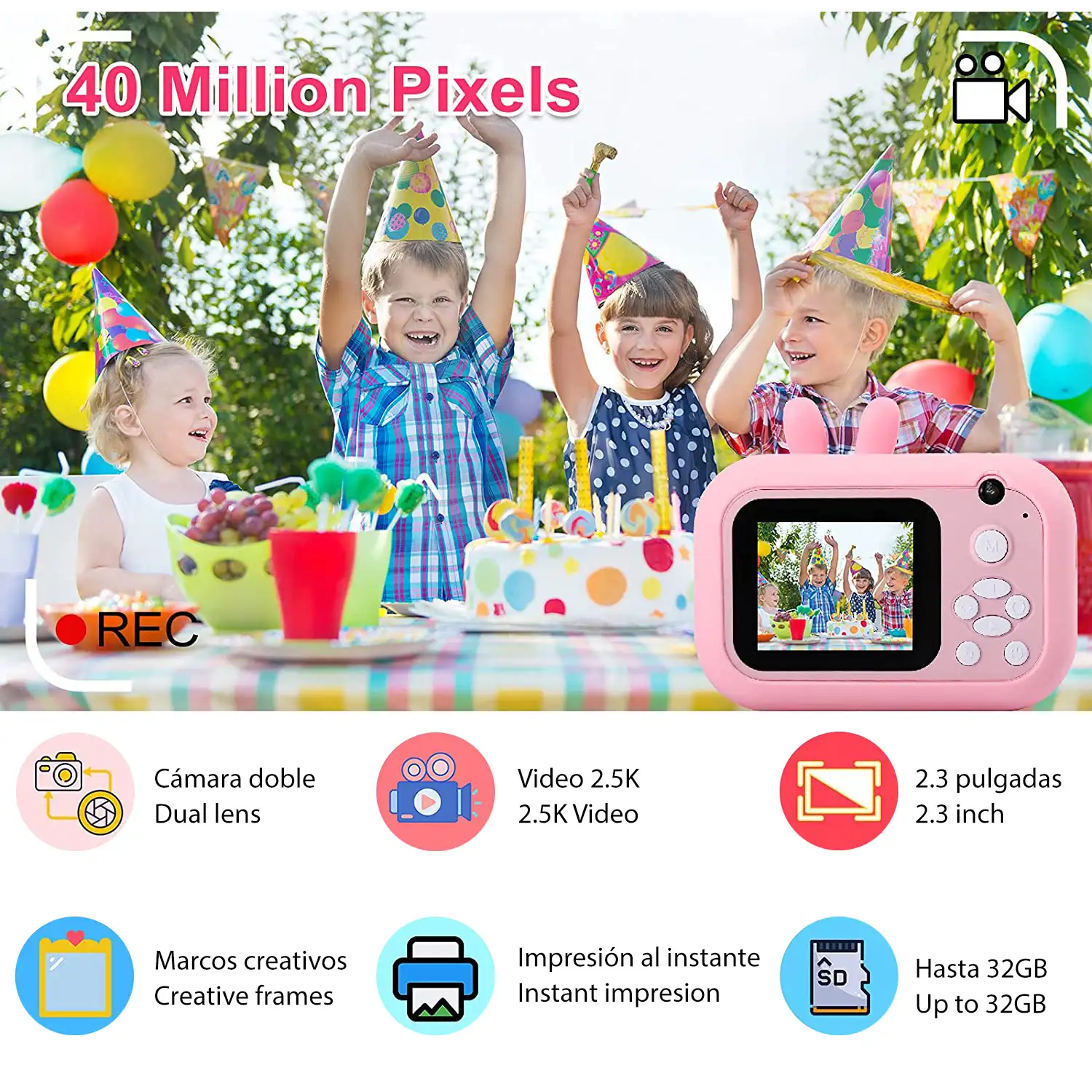 Cámara Ciervo digital de fotos 40mpx y video 2,5K para niños. Impresión instantánea de tus fotos preferidas. Doble cámara, para selfies.