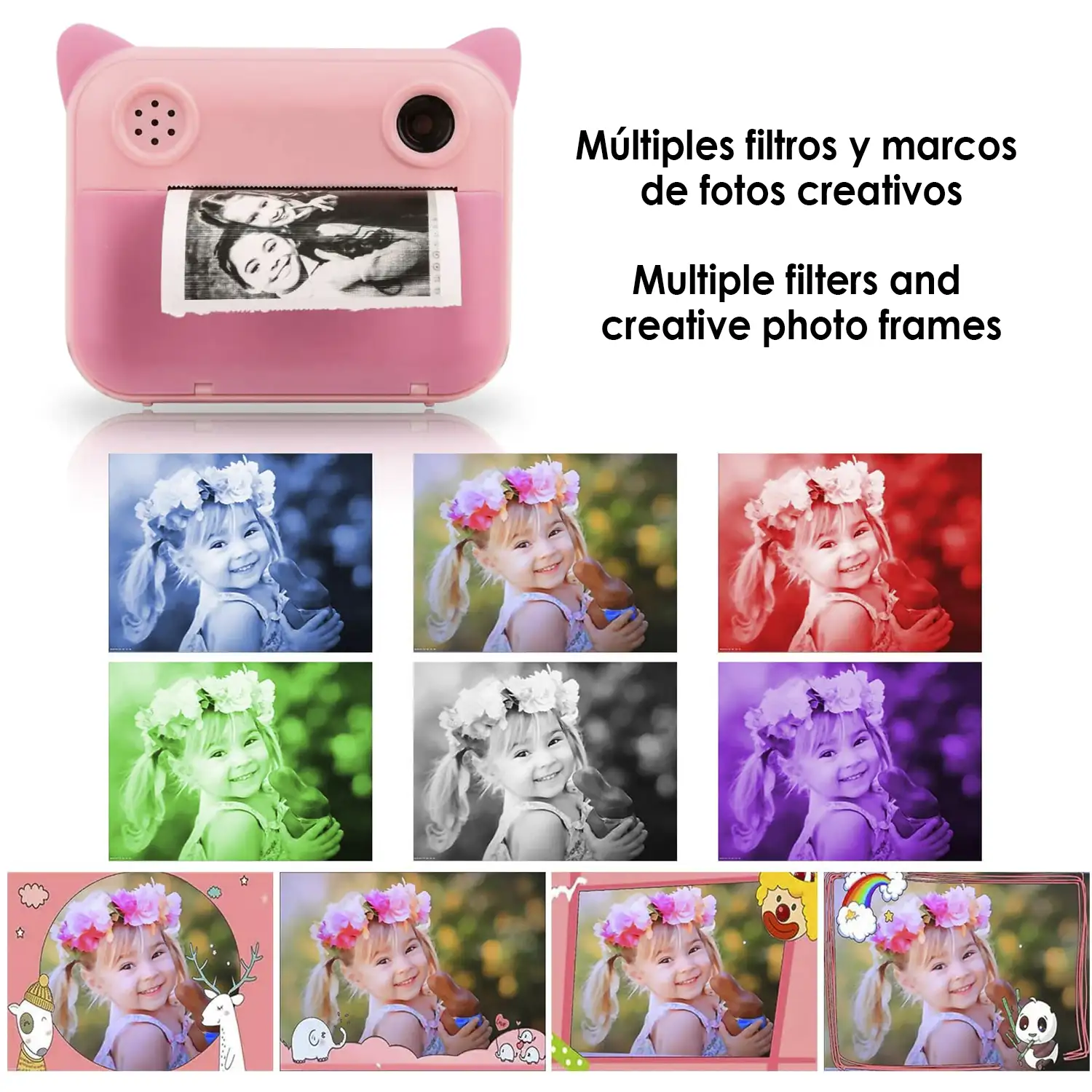 Cámara digital de fotos 12mpx y video FullHD para niños. Impresión instantánea de tus fotos preferidas. Doble cámara, para selfies.