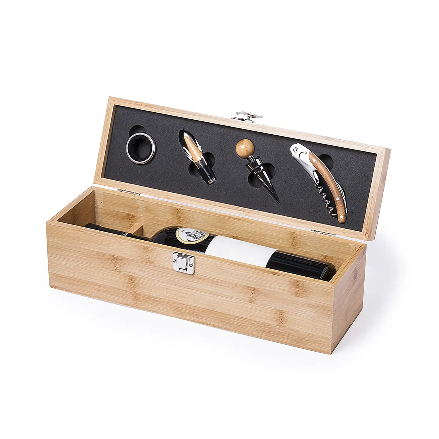 Set de vinos premium acabado en madera bambú. 4 accesorios y compartimento para botella.
