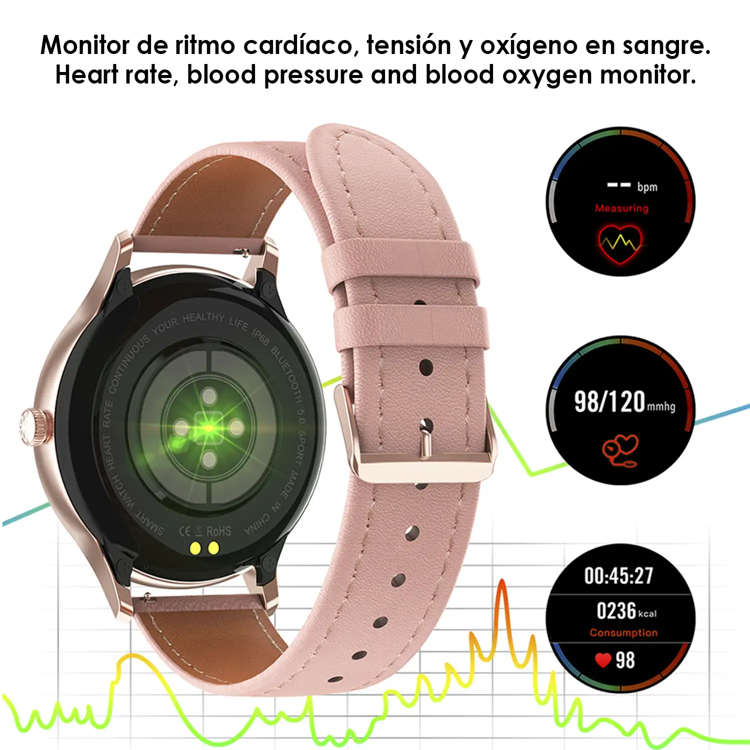 Smartwatch DT66 con monitor de tensión y oxígeno en sangre. Varios modos deportivos. Notificaciones para iOS y Android.