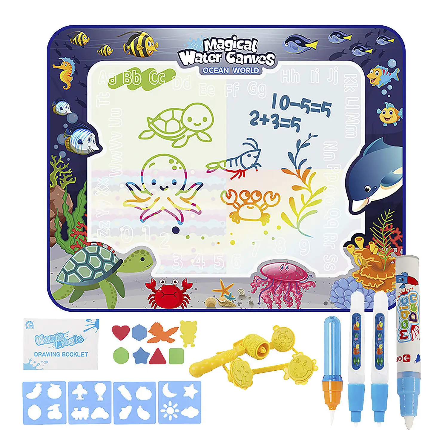 Pizarra infantil para dibujar con agua de 100x80cm. Diseño peces. Incluye 3 rotuladores de agua, 4 plantillas de dibujo, 4 tampones con formas y 8 figuras de EVA.