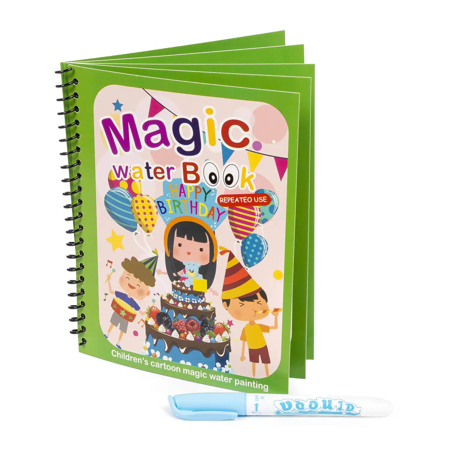 Libro para colorear al agua diseño happy birthday. Pintura mágica para niños, reutilizable. Dibuja y pinta sin manchar. Incluye rotulador de agua.