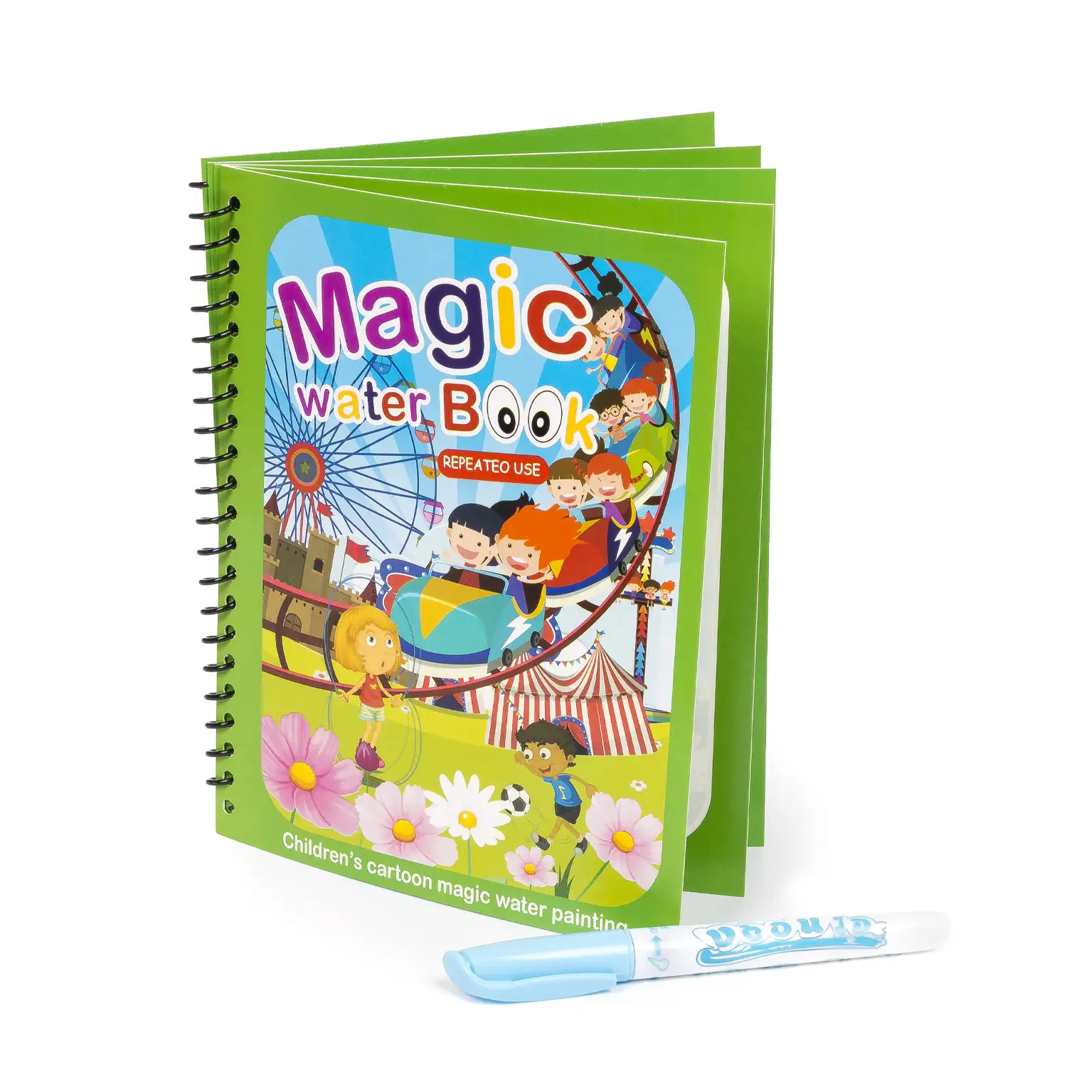 Libro para colorear al agua diseño parque de atracciones. Pintura mágica para niños, reutilizable. Dibuja y pinta sin manchar. Incluye rotulador de agua.