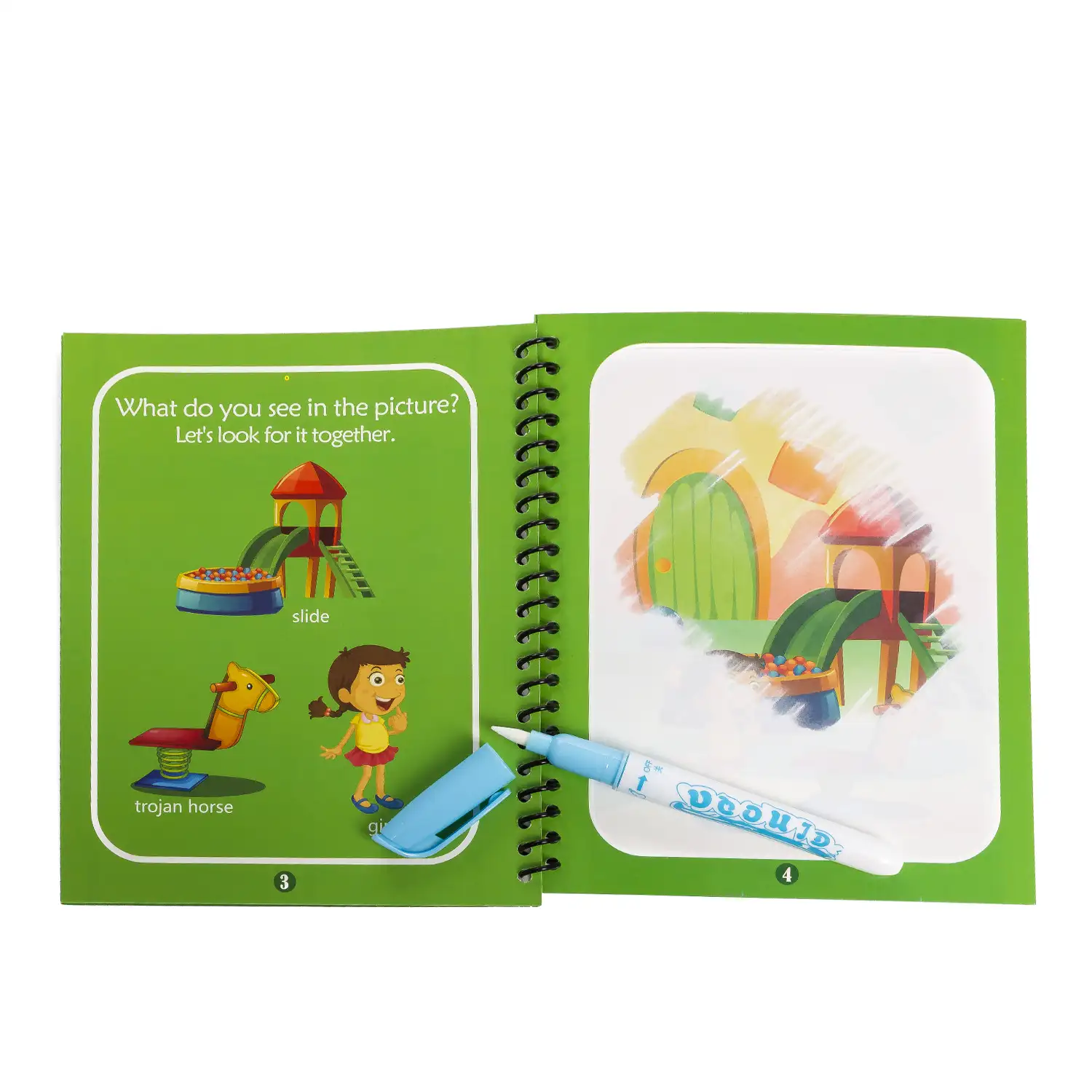 Libro para colorear al agua diseño parque de atracciones. Pintura mágica para niños, reutilizable. Dibuja y pinta sin manchar. Incluye rotulador de agua.