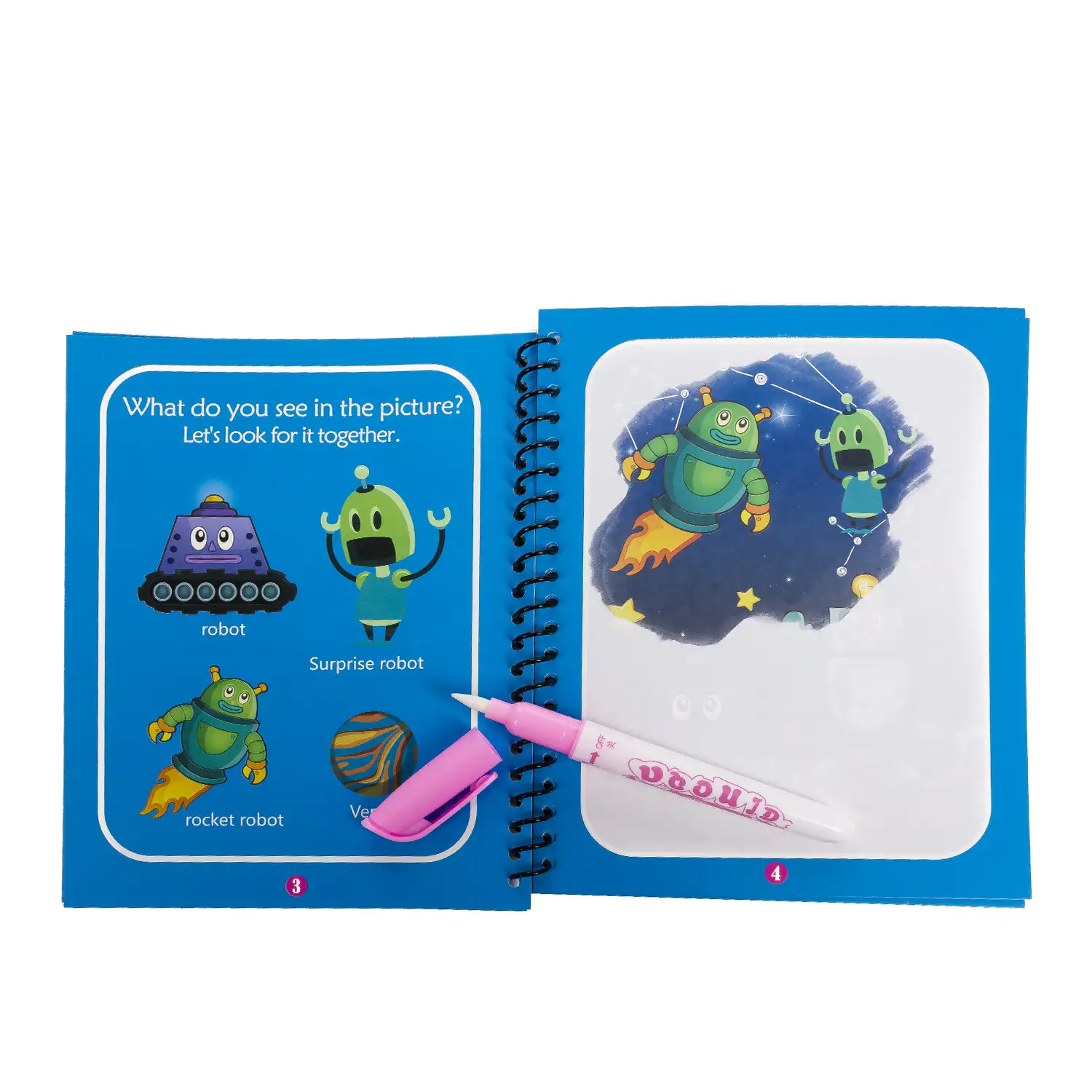 Libro para colorear al agua diseño robots. Pintura mágica para niños, reutilizable. Dibuja y pinta sin manchar. Incluye rotulador de agua.