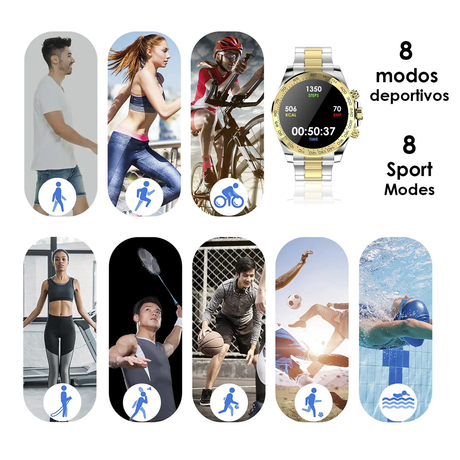 Smartwatch AW13 con corona inteligente multifunción. Sumergible, 8 modos deportivos. Monitor cardíaco.