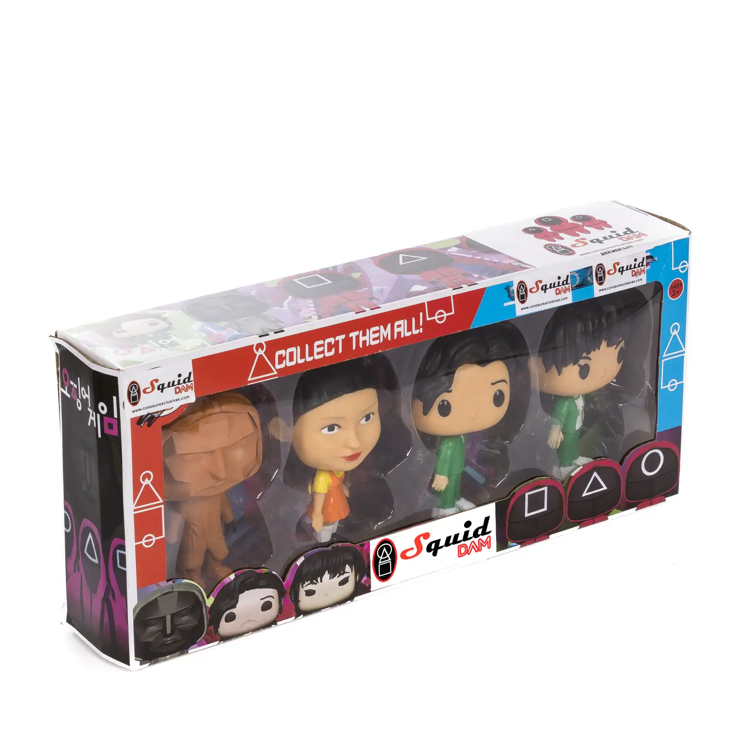 Figuras Squid Pop 11cm. 4 figuras en caja regalo. Jugadores, líder dorado y muñeca.