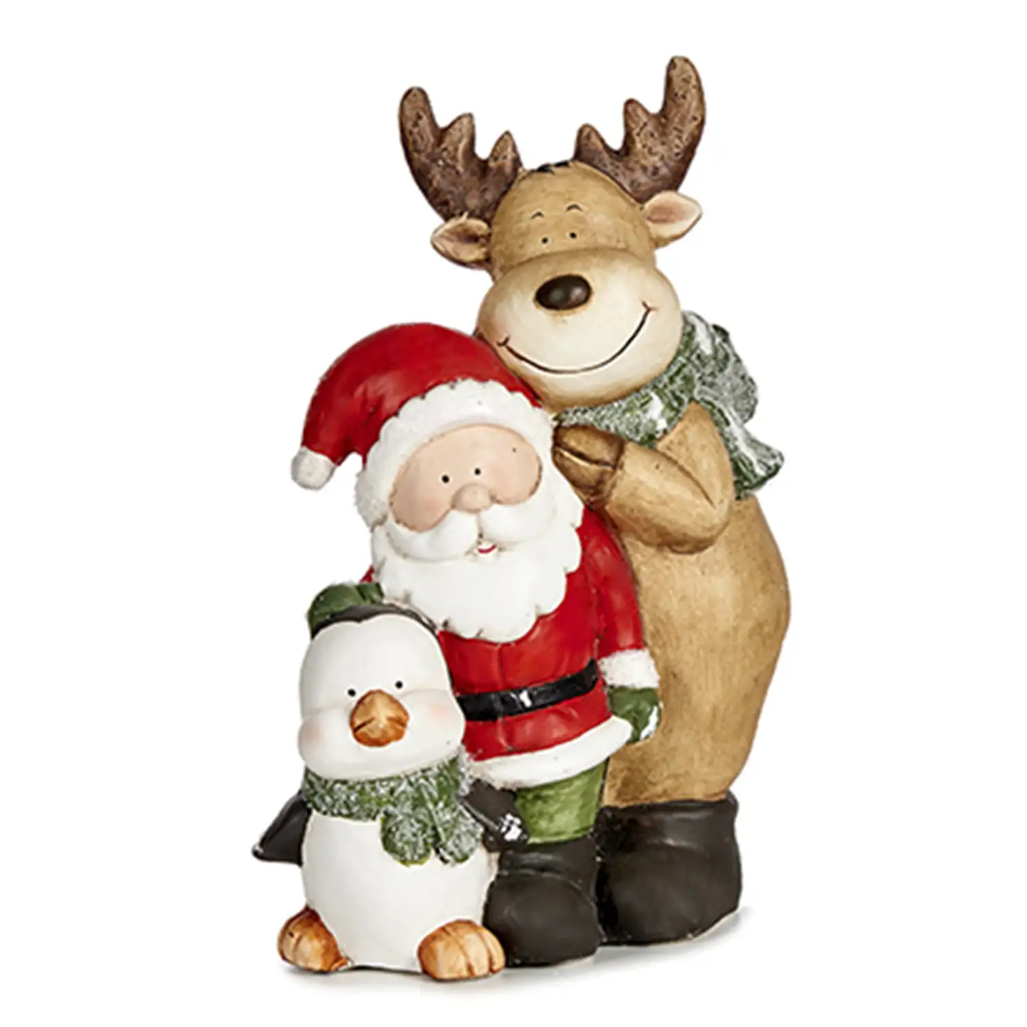 Figura navideña con reno, Santa Claus y pingüino.
