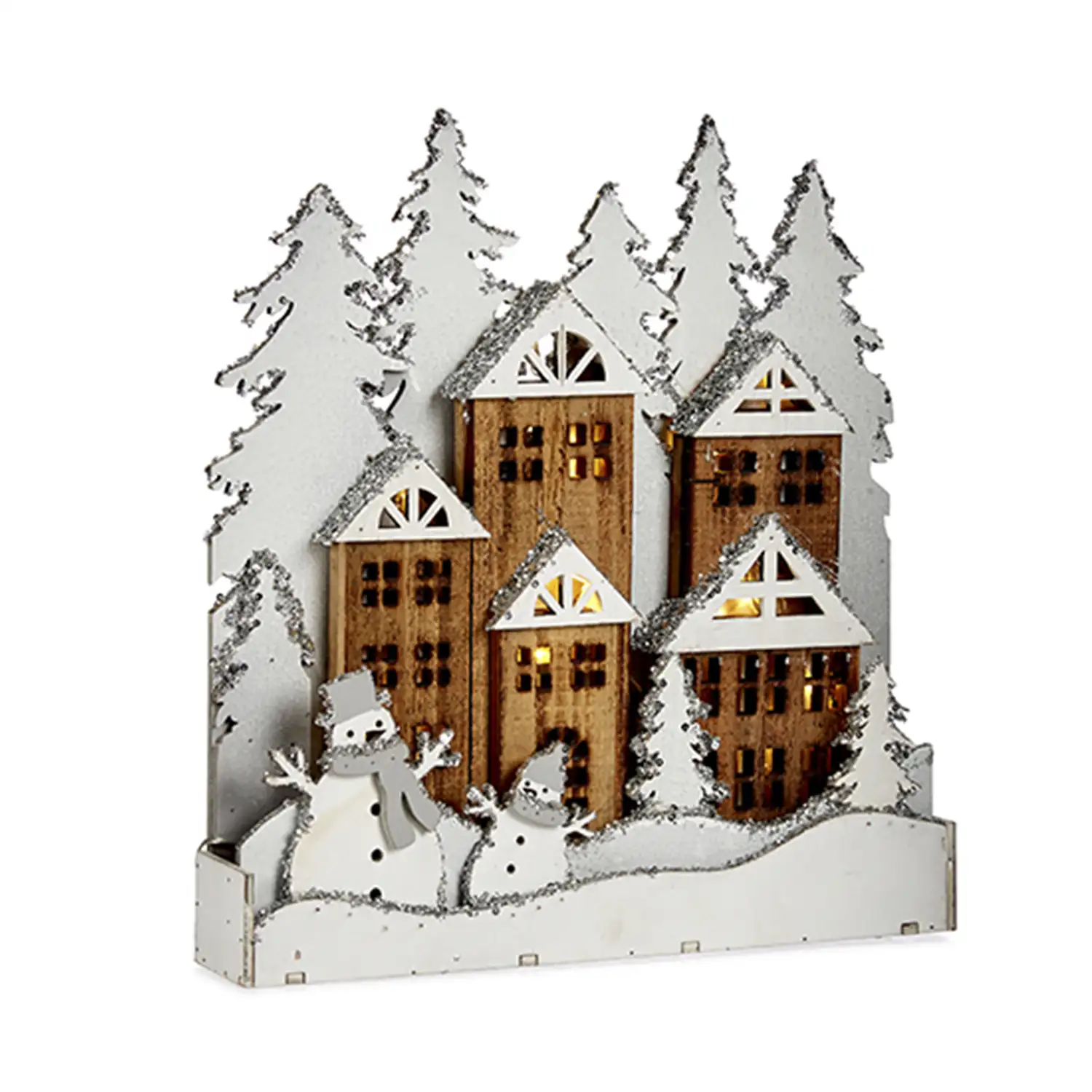 Figura pueblo de madera blanca con nieve.