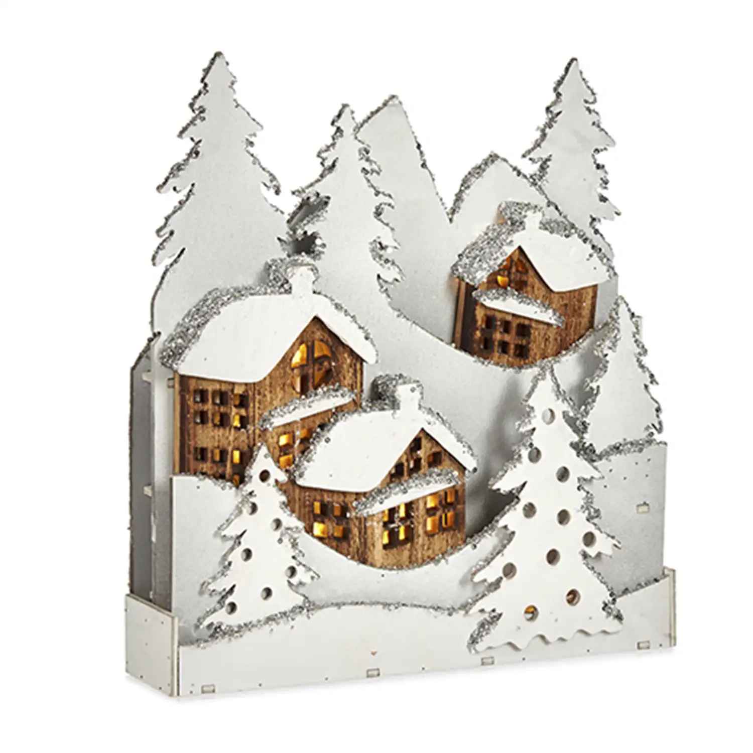 Figura pueblo de madera blanca con árbol de purpurina.