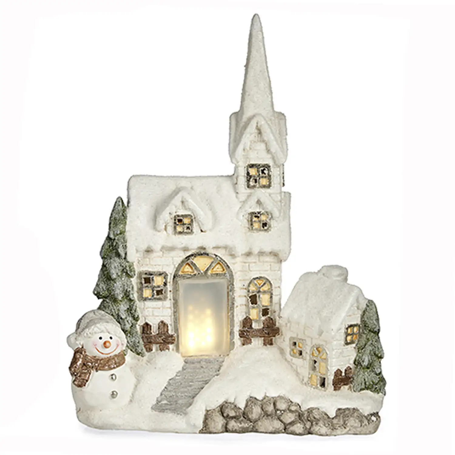 Figura de casita nevada con luz y muñeco de nieve.