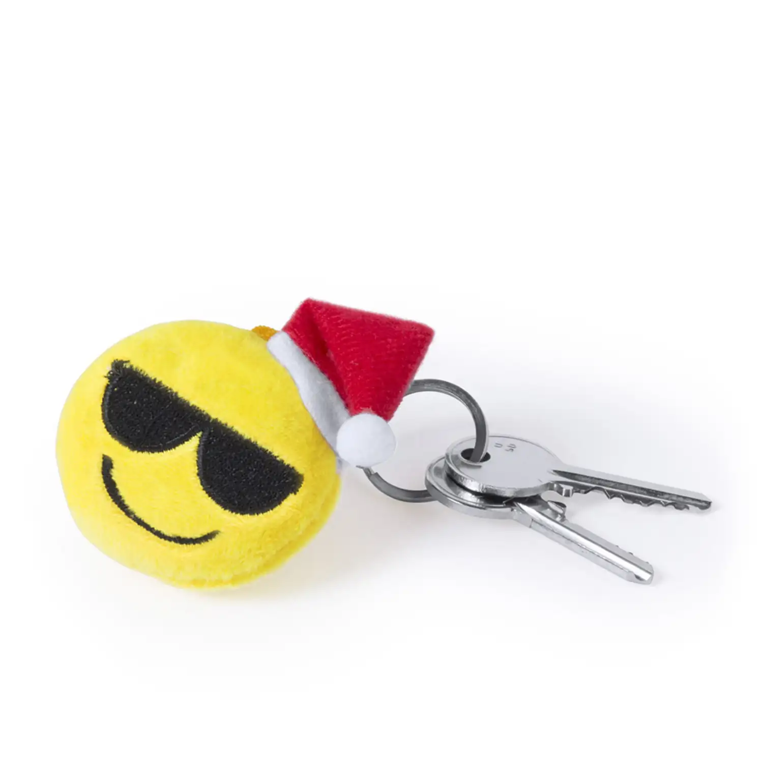 Llavero de peluche de diseño emoji navideño con gafas de sol.