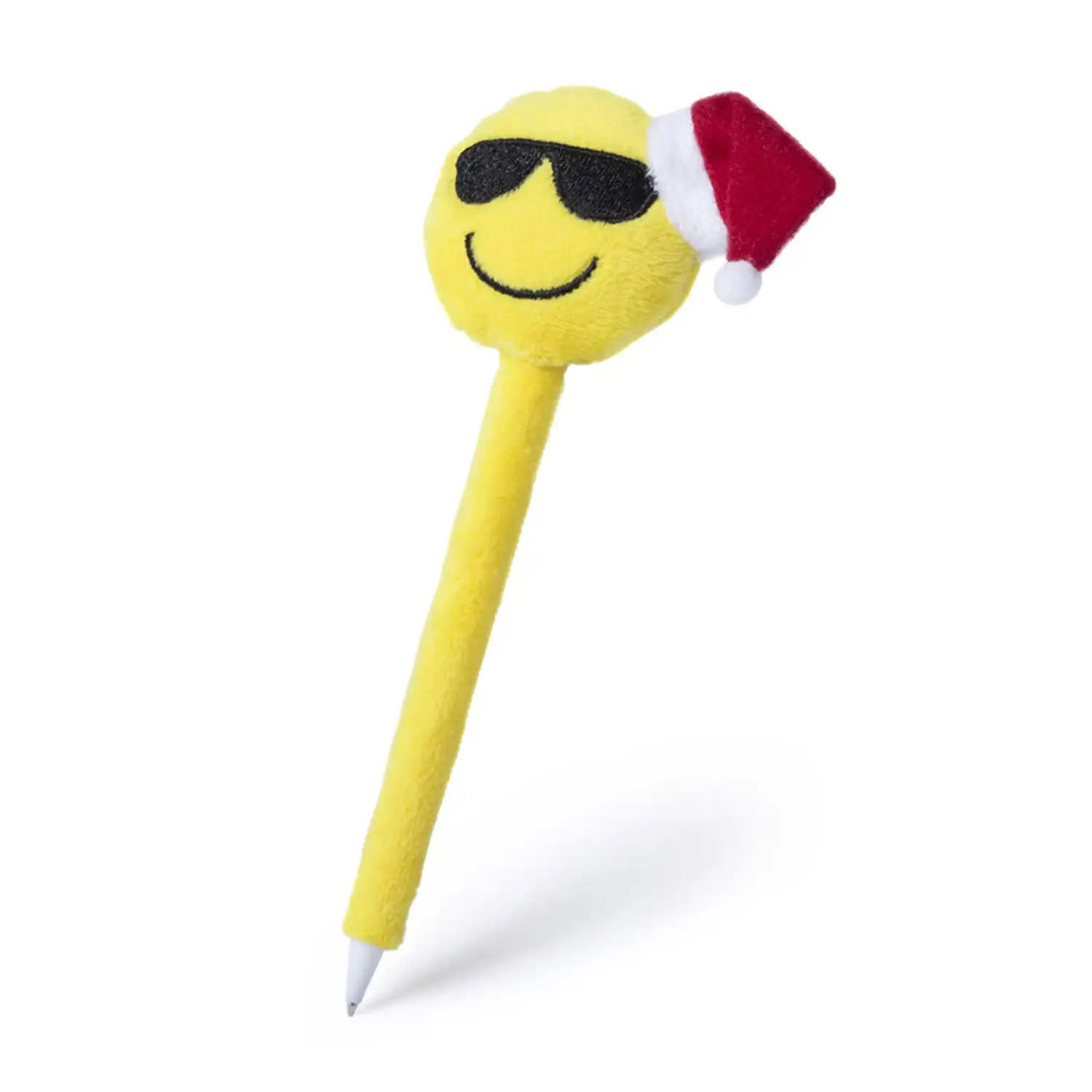 Bolígrafo de peluche de diseño emoji navideño con gafas de sol.