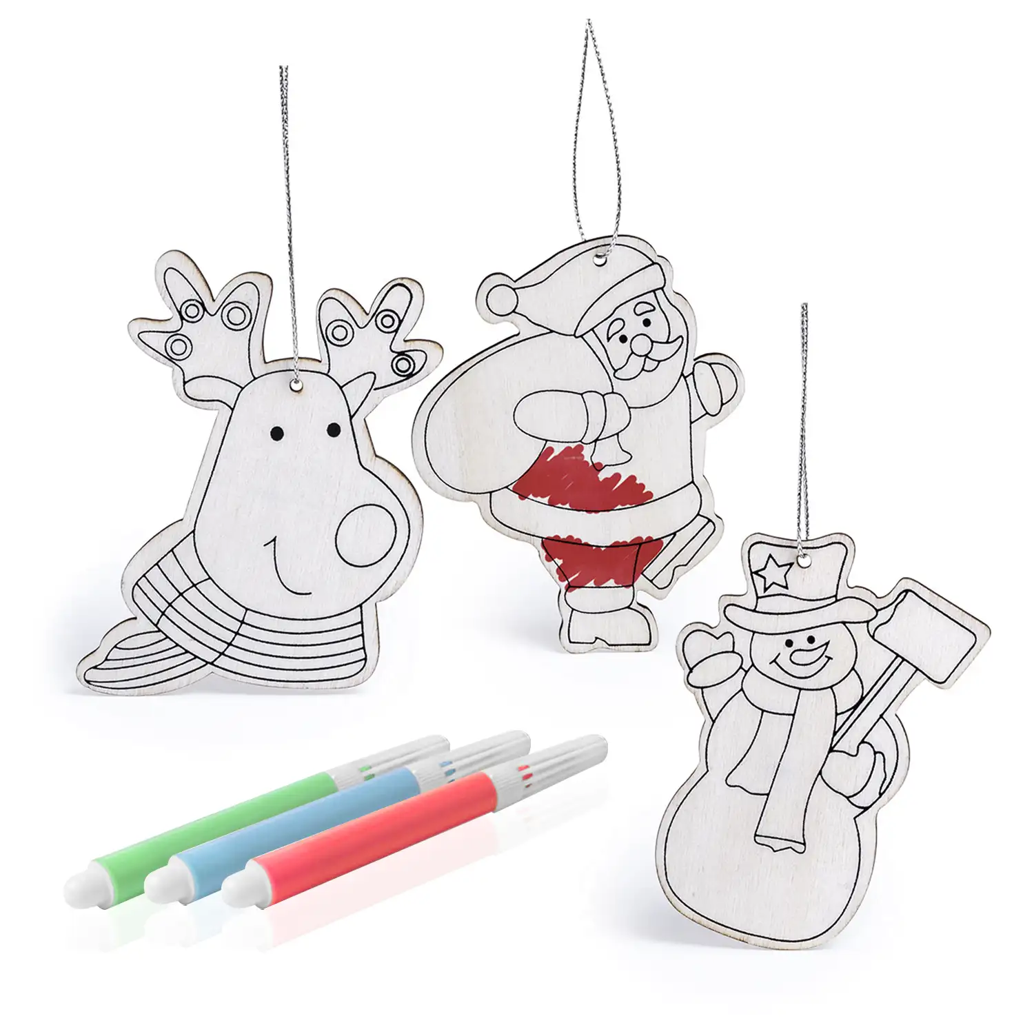 BANCAX Set de 3 figuras navideñas en madera para colorear y colgar. Incluye Papá Noel, muñeco de nieve y reno. Con 3 rotuladores.