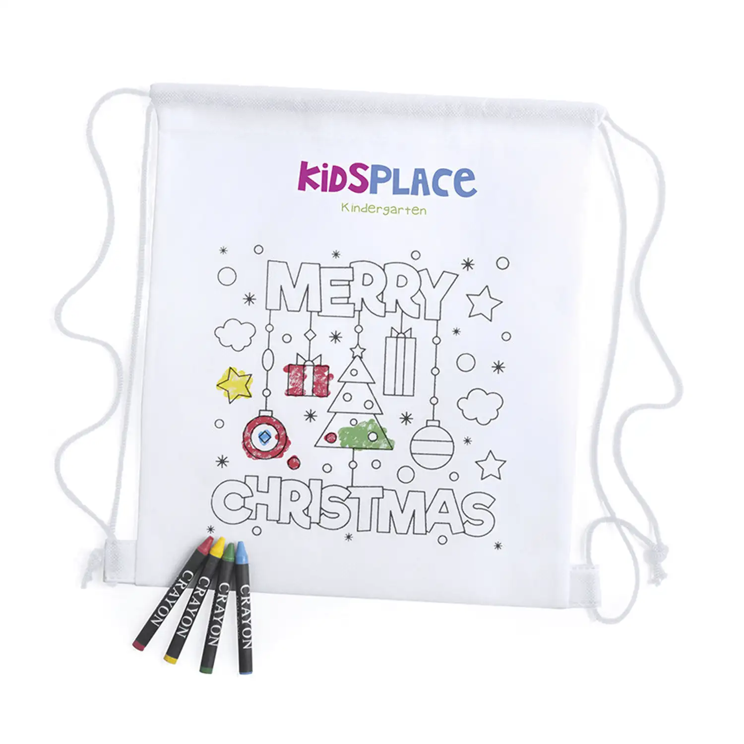 KERTRAN Mochila navideña infantil diseño Merry Christmas, para colorear con ceras. Incluye 4 ceras.