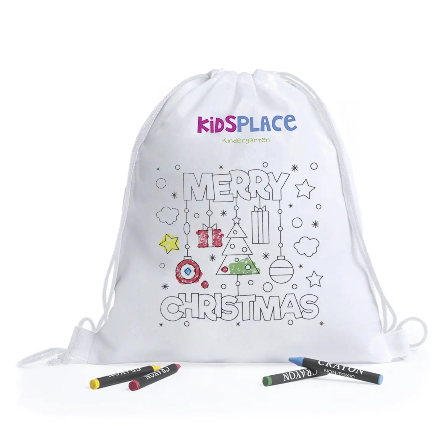 KERTRAN Mochila navideña infantil diseño Merry Christmas, para colorear con ceras. Incluye 4 ceras.