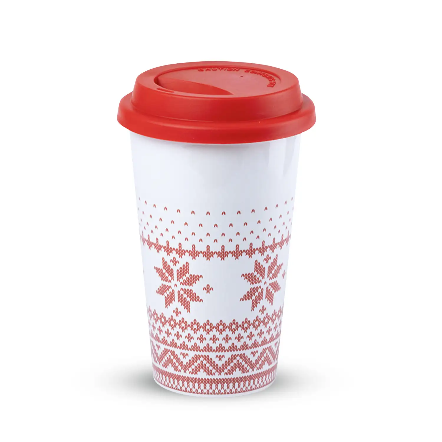 Vaso de cerámica de 400ml de capacidad en diseño navideño, con tapa de silicona.