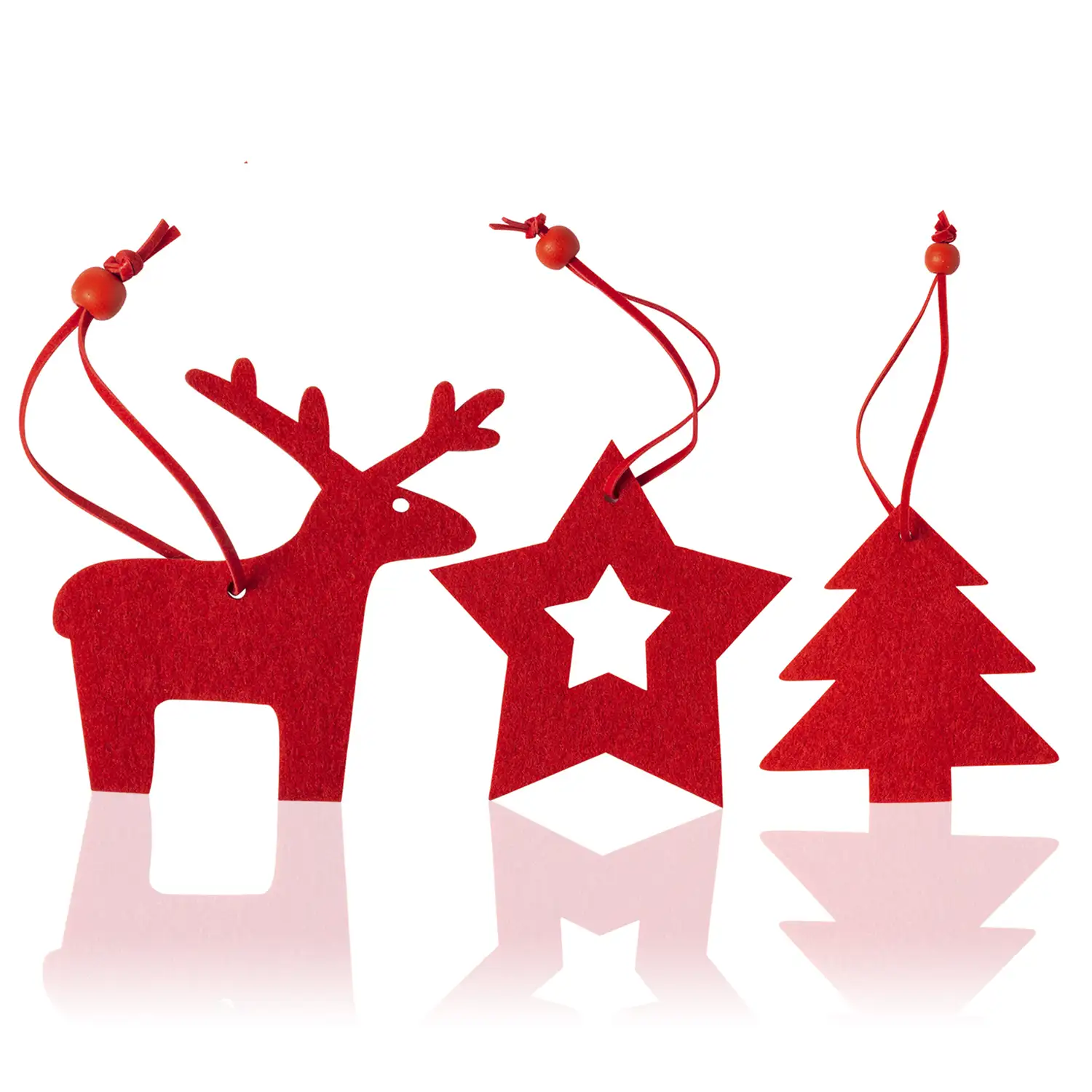 Set de 3 figuras navideñas para colgar. Incluye reno, estrella y árbol de navidad.